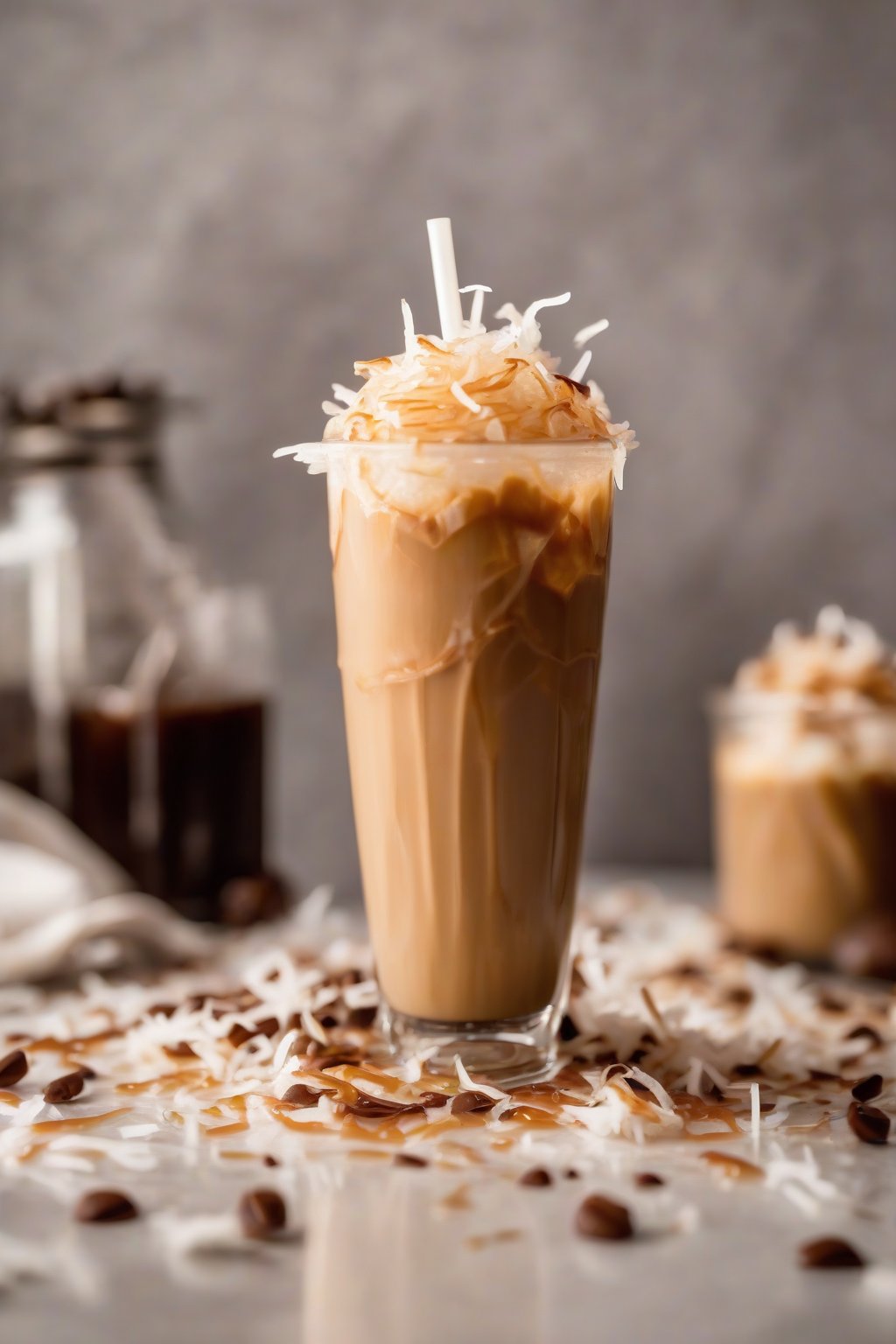 A close-up photo of caramel coconut iced coffee garnished with shredded coconut under soft lighting.