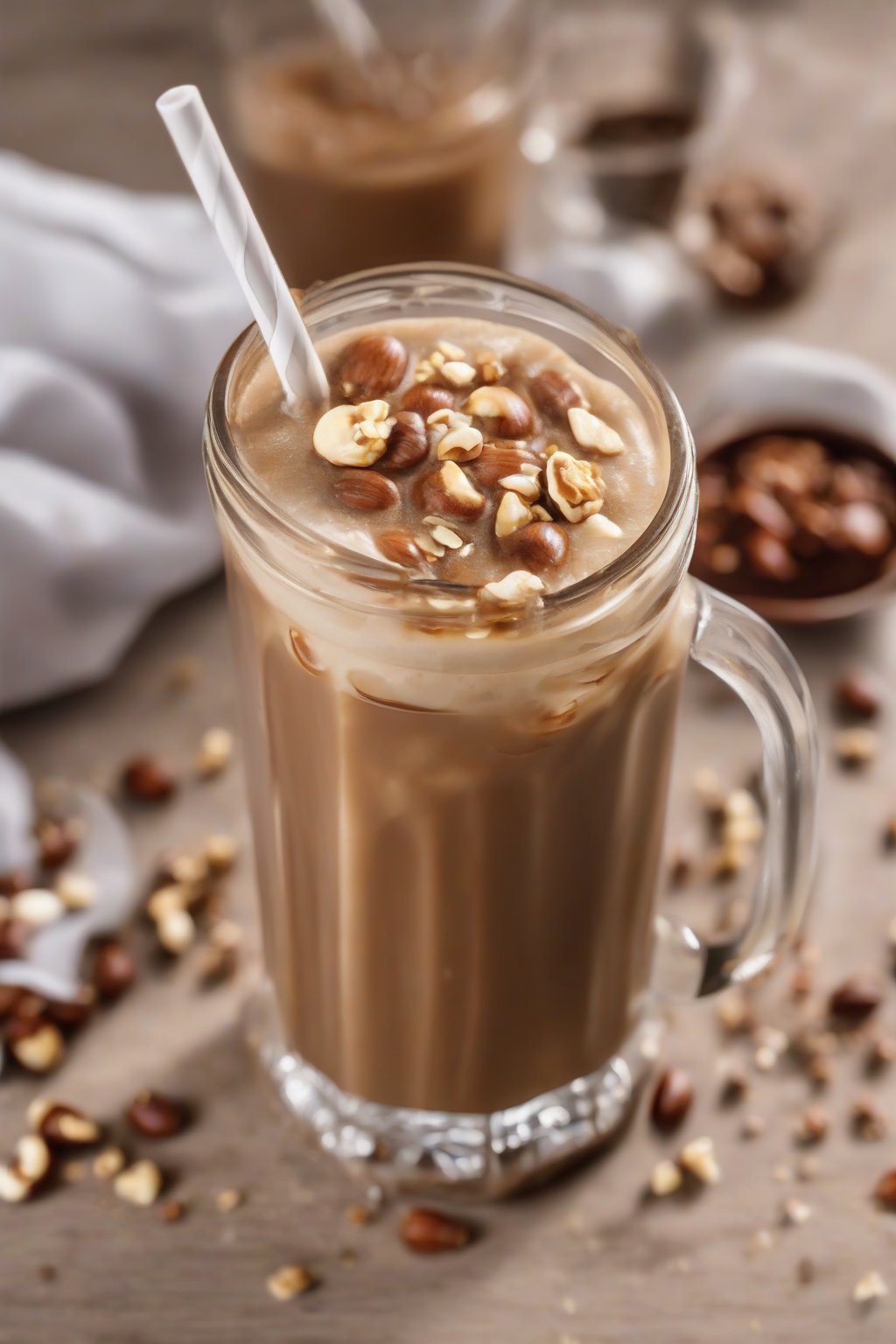 A close-up photo of hazelnut iced coffee topped with crushed nuts under soft lighting.