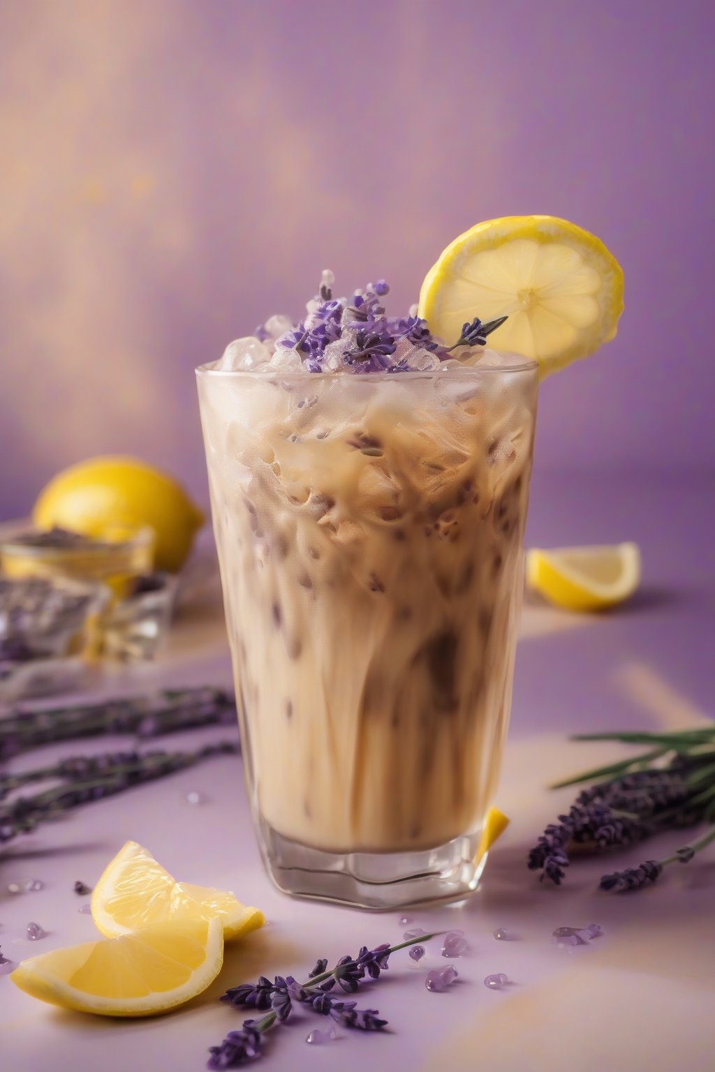 A close-up photo of lavender lemon iced coffee with floating zest and bubbles under soft lighting.