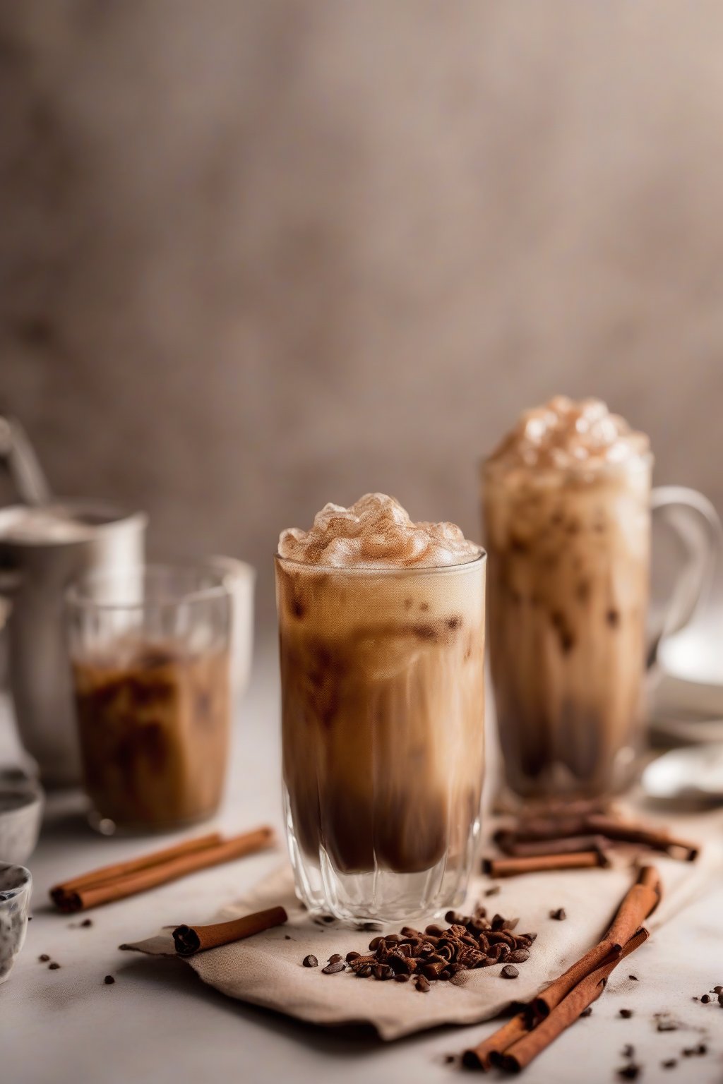 A close-up photo of spiced chai iced coffee with cinnamon dusting under soft lighting.
