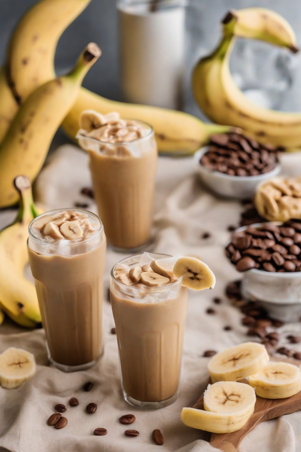 A close-up photo of peanut butter banana iced coffee with banana slices under soft lighting.