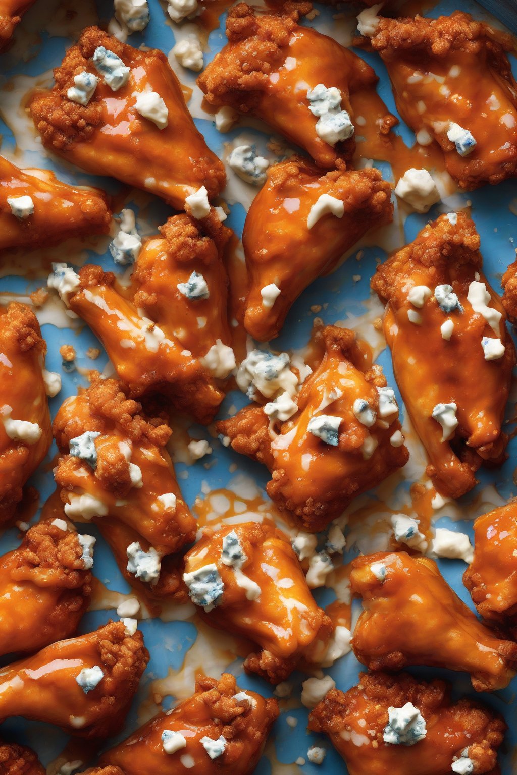 A high-resolution photo of Buffalo wings swirled with pockets of blue cheese crumbles under soft lighting.