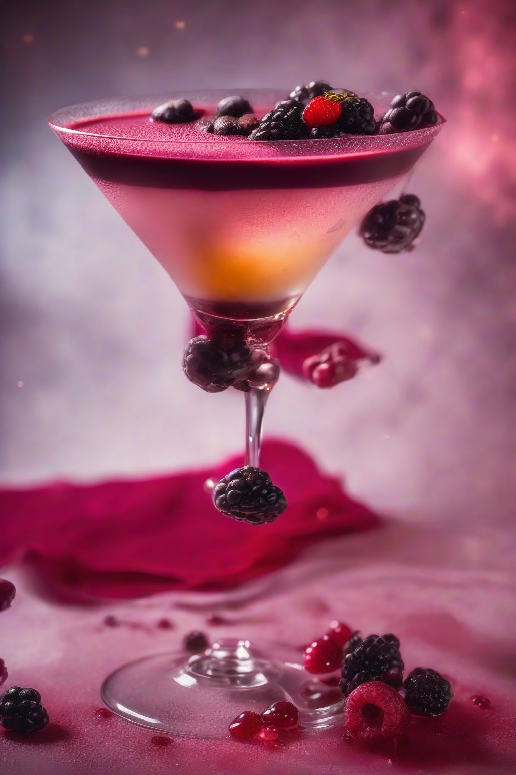 A high-resolution close-up photo of a Wild Berry Burst Espresso Martini, fresh berries floating in ruby-hued foam, under soft lighting.