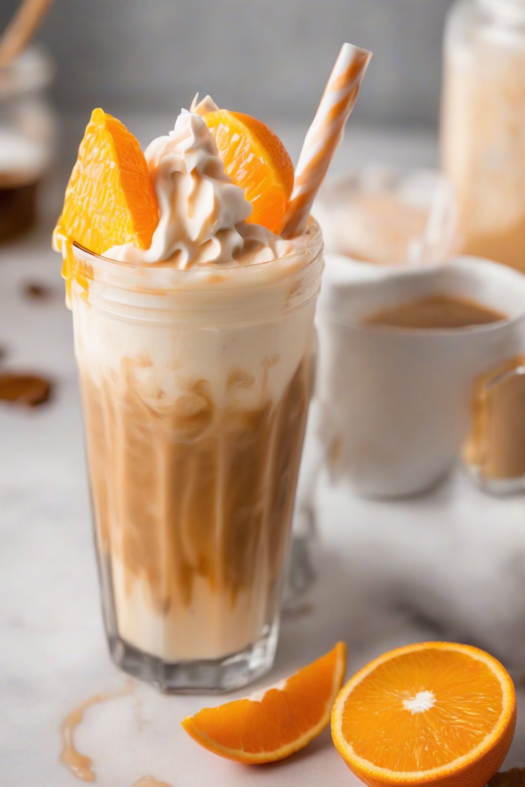 A close-up photo of orange creamsicle iced coffee with creamy layers under soft lighting.