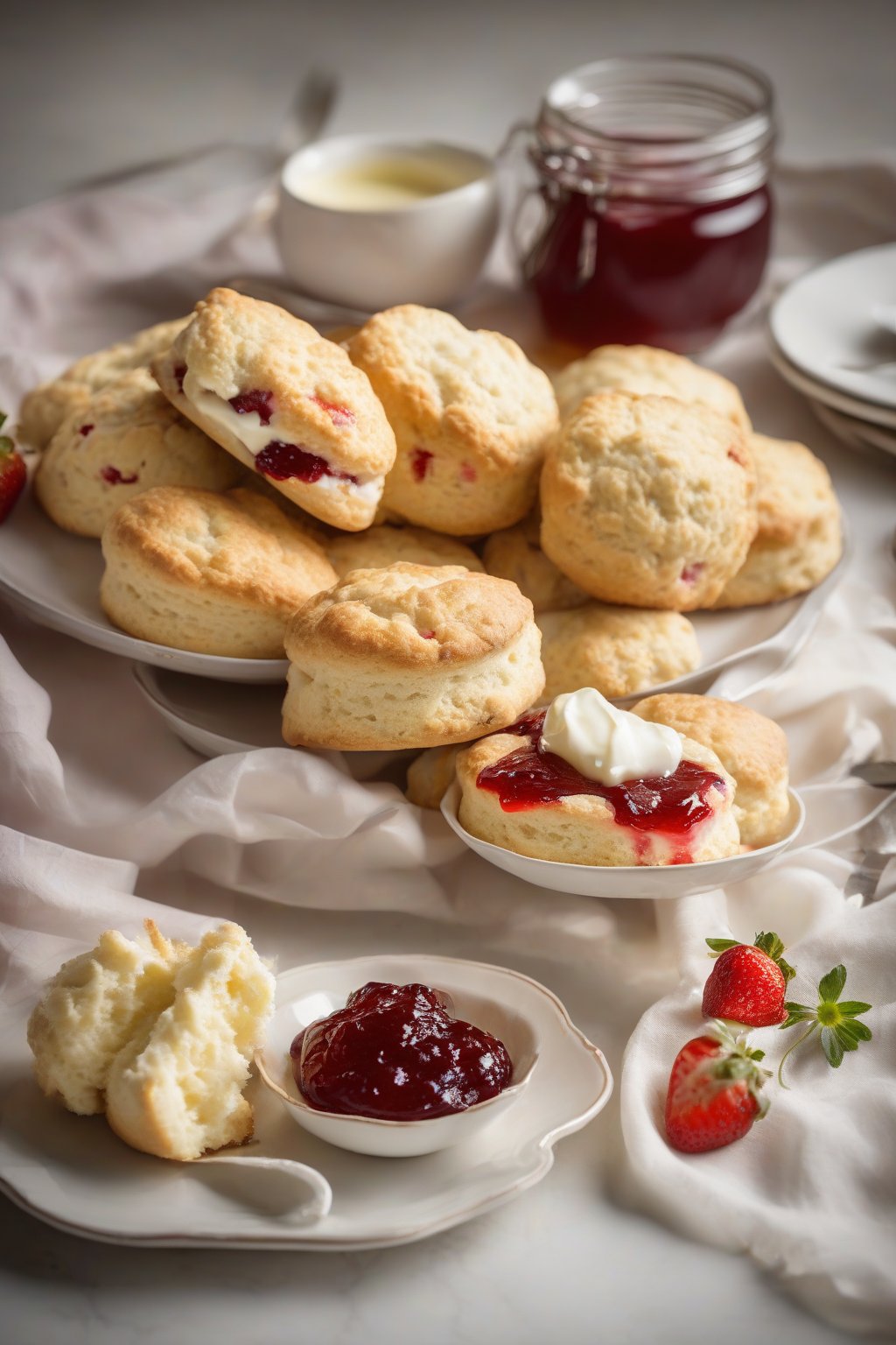A high-resolution photo of golden classic plain buttery scones on a white plate with clotted cream and strawberry jam, under soft lighting.