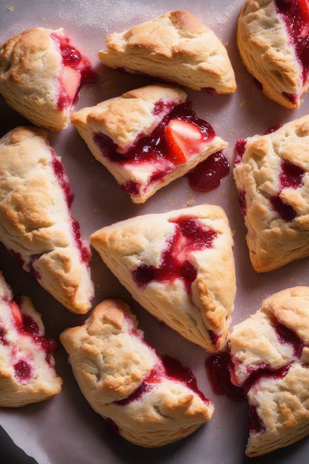 A high-resolution photo of strawberry jam-filled buttery scones split open revealing pink jam centers, dusted with sugar, under soft lighting.