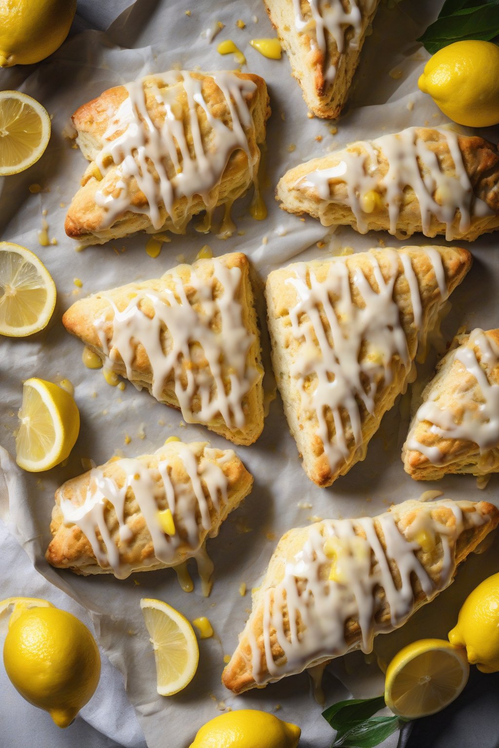 A high-resolution photo of lemon zest buttery scones drizzled with glaze, garnished with lemon slices, under soft lighting.