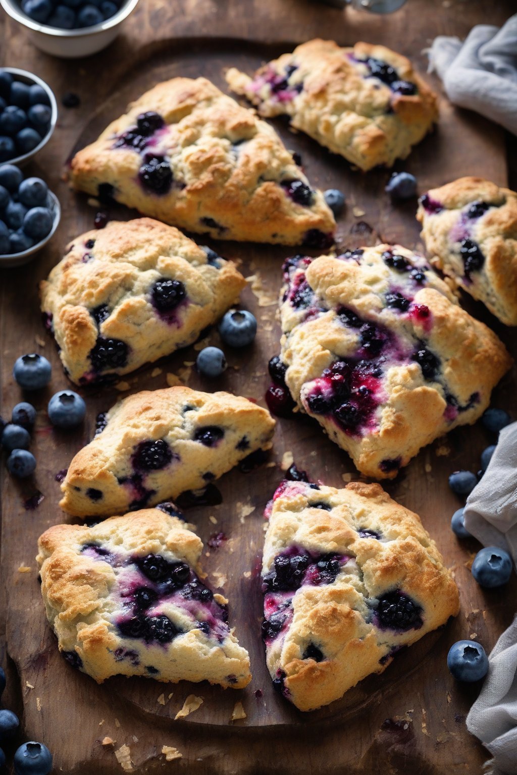 A high-resolution photo of blueberry buttery scones with bursting berries and crumbly edges, on a rustic board, under soft lighting.