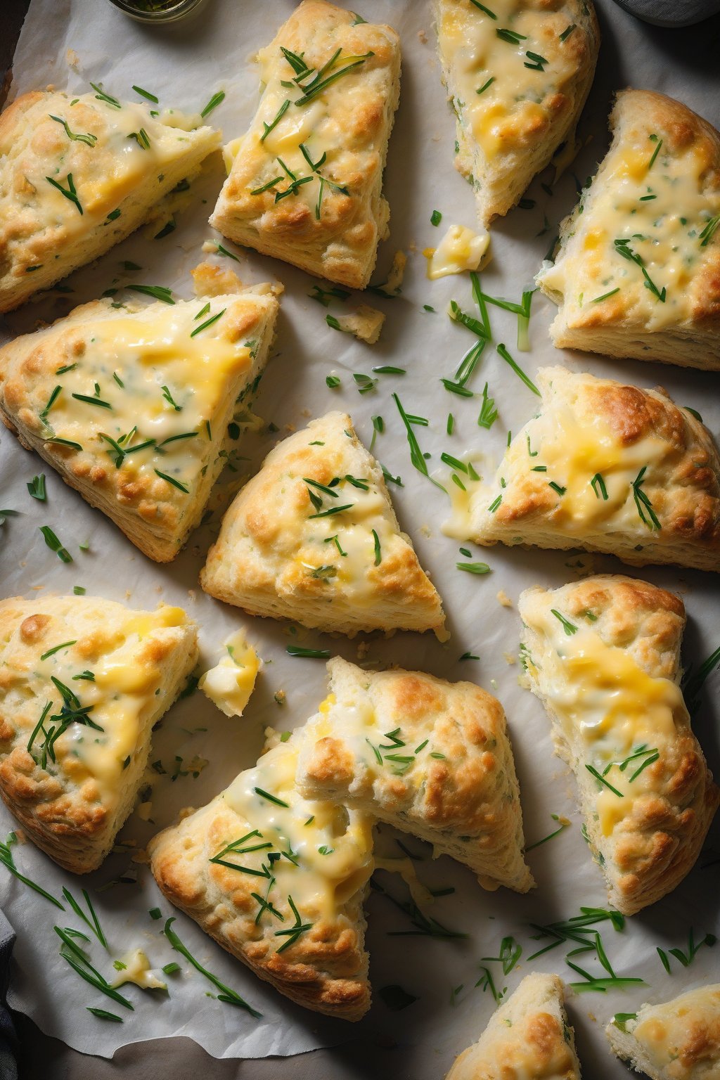 A high-resolution photo of cheese and chive buttery scones with melted cheese pull and green flecks, under soft lighting.