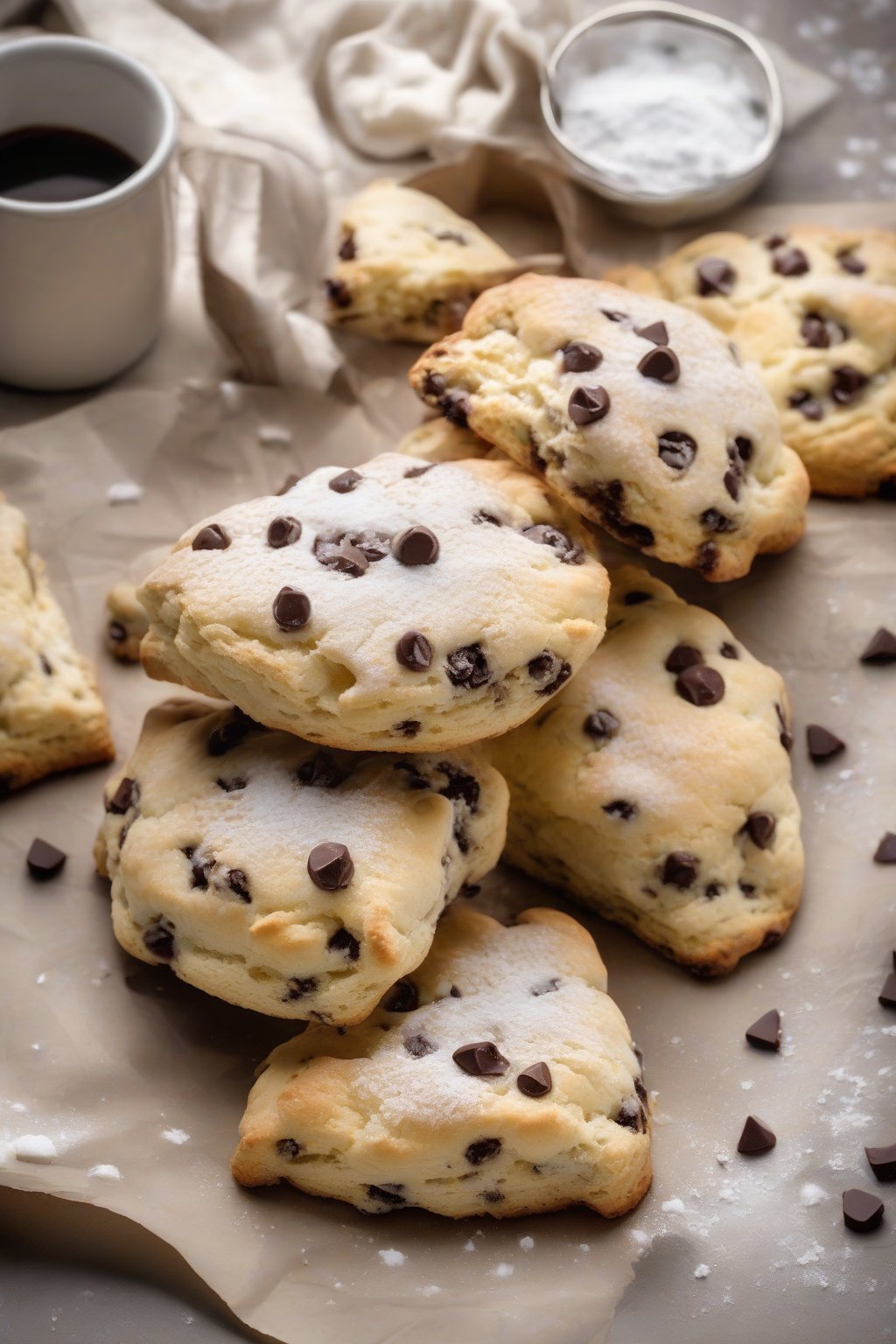 A high-resolution photo of chocolate chip buttery scones with gooey melted chips, powdered sugar dusted, under soft lighting.