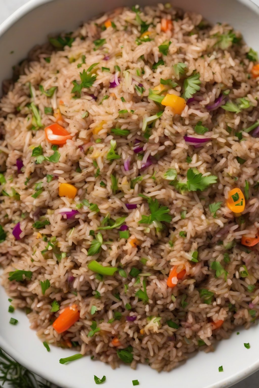 A high-resolution close-up photo of classic Louisiana dirty rice in a white bowl, flecked with green herbs and colorful veggies, steam rising under soft lighting.