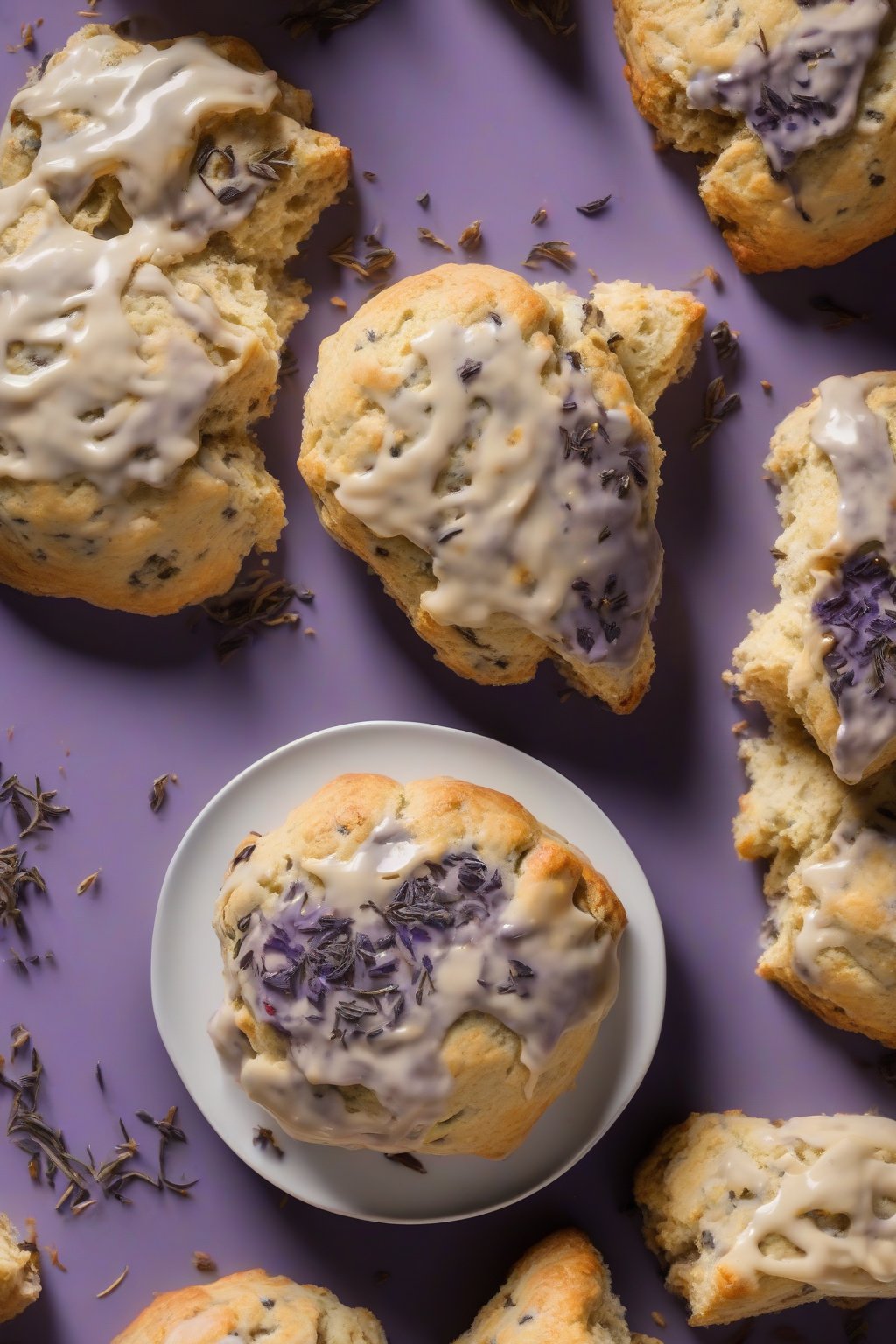 A high-resolution photo of Earl Grey buttery scones with a subtle purple glaze, tea leaves visible, under soft lighting.