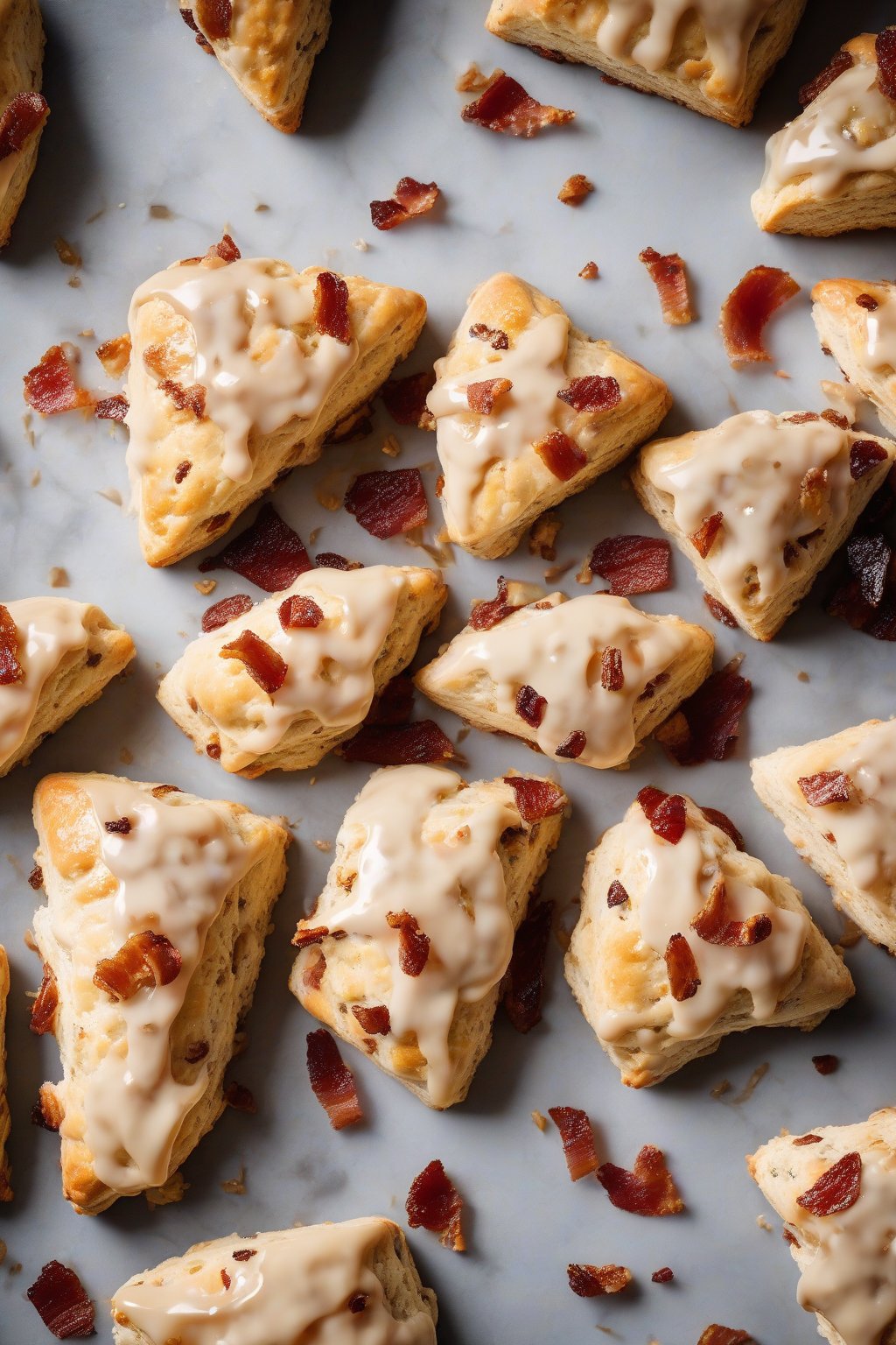 A high-resolution photo of bacon maple buttery scones with crispy bacon bits and shiny glaze, under soft lighting.