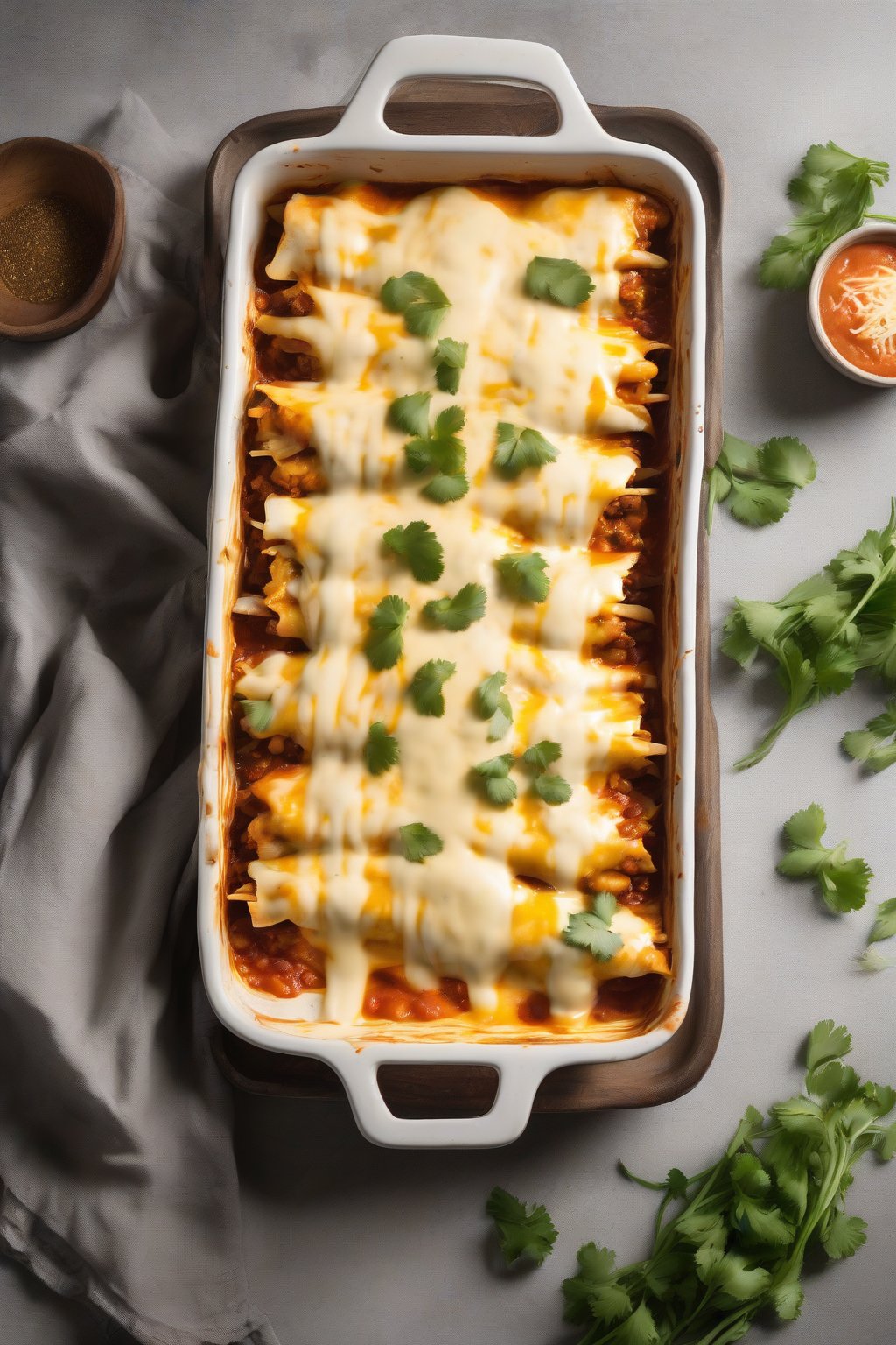 A high-resolution photo of golden-baked classic cheesy chicken enchiladas topped with melted cheese and sauce, garnished with cilantro, under soft lighting.