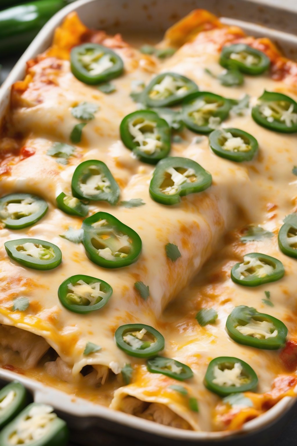 A high-resolution photo of spicy jalapeño cheesy chicken enchiladas oozing pepper jack cheese with fresh jalapeño slices on top, under soft lighting.