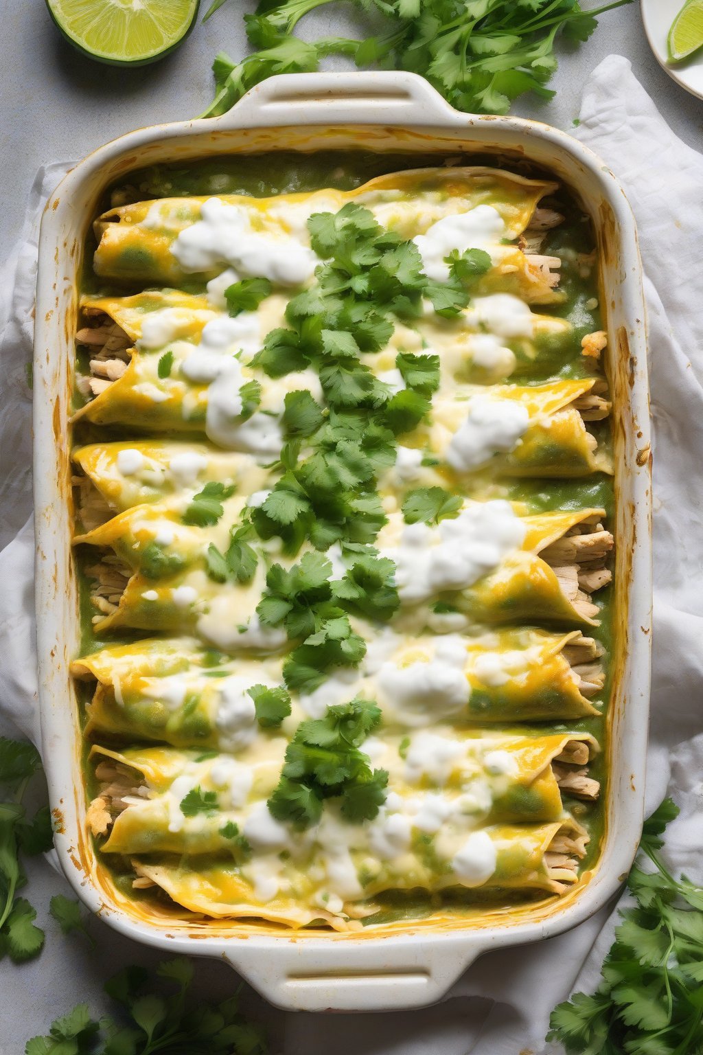 A high-resolution photo of vibrant green chile cheesy chicken enchiladas with queso fresco crumbles and cilantro, steaming fresh from the oven, under soft lighting.