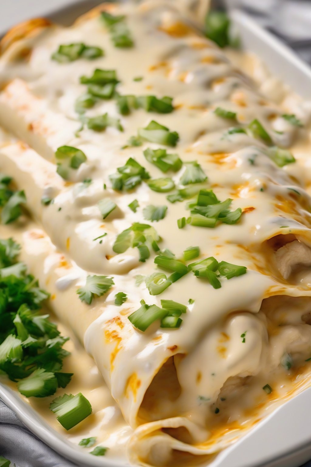 A high-resolution photo of creamy white cheesy chicken enchiladas blanketed in smooth sauce and melted mozzarella, with green onion flecks, under soft lighting.