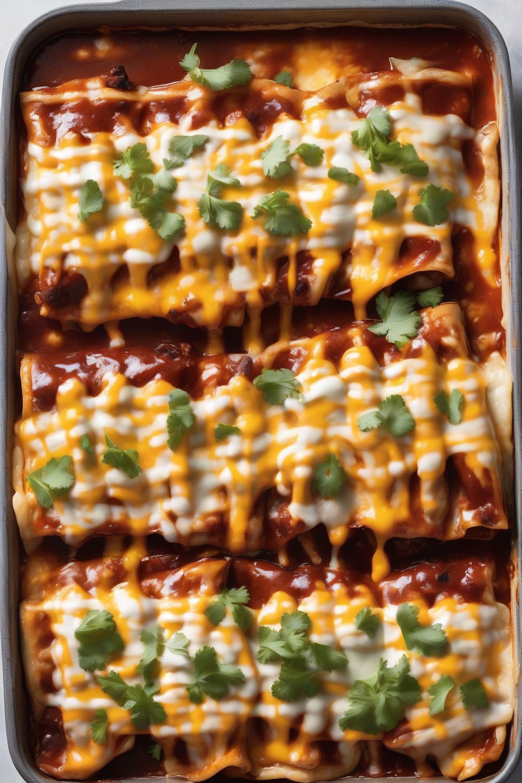 A high-resolution photo of BBQ-glazed cheesy chicken enchiladas with caramelized edges and gooey cheddar strands, under soft lighting.