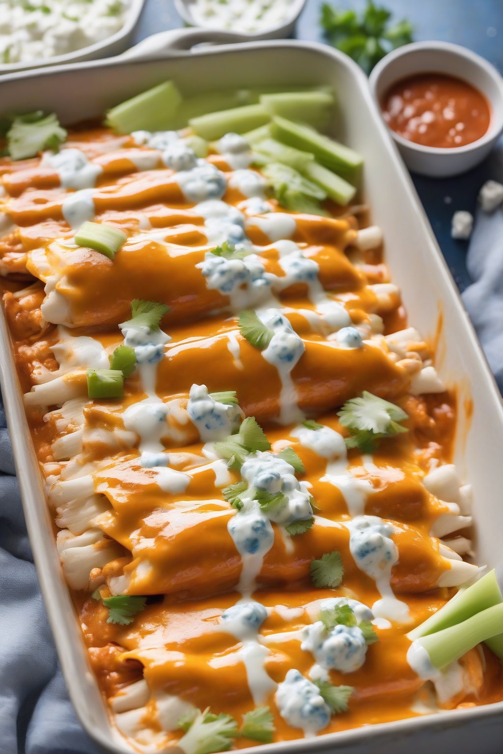 A high-resolution photo of buffalo cheesy chicken enchiladas dripping with sauce and blue cheese, garnished with celery, under soft lighting.