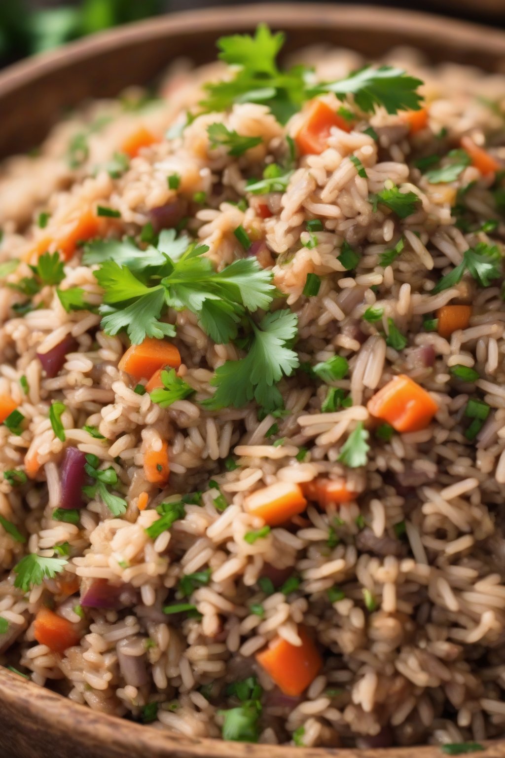 A high-resolution close-up photo of turkey and veggie dirty rice piled high in a rustic bowl, garnished with fresh parsley, under soft lighting.
