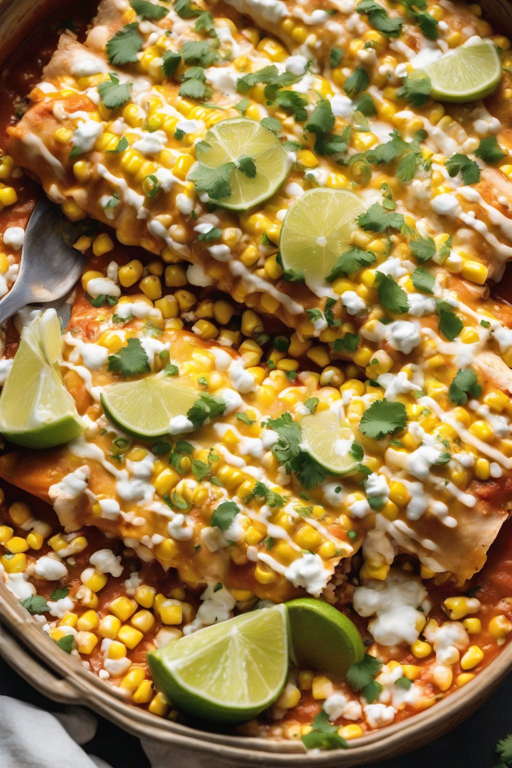 A high-resolution photo of street corn cheesy chicken enchiladas topped with cotija, corn kernels, and lime wedges, under soft lighting.