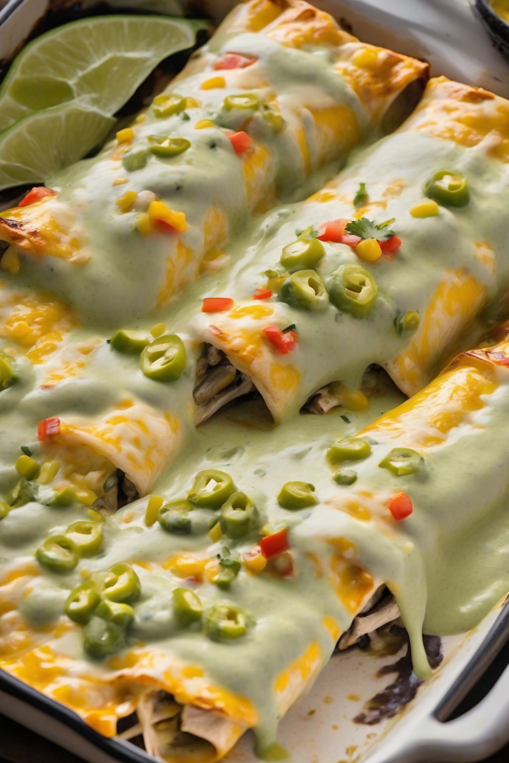 A high-resolution photo of poblano cheesy chicken enchiladas with creamy green sauce and blistered peppers, cheese melted perfectly, under soft lighting.