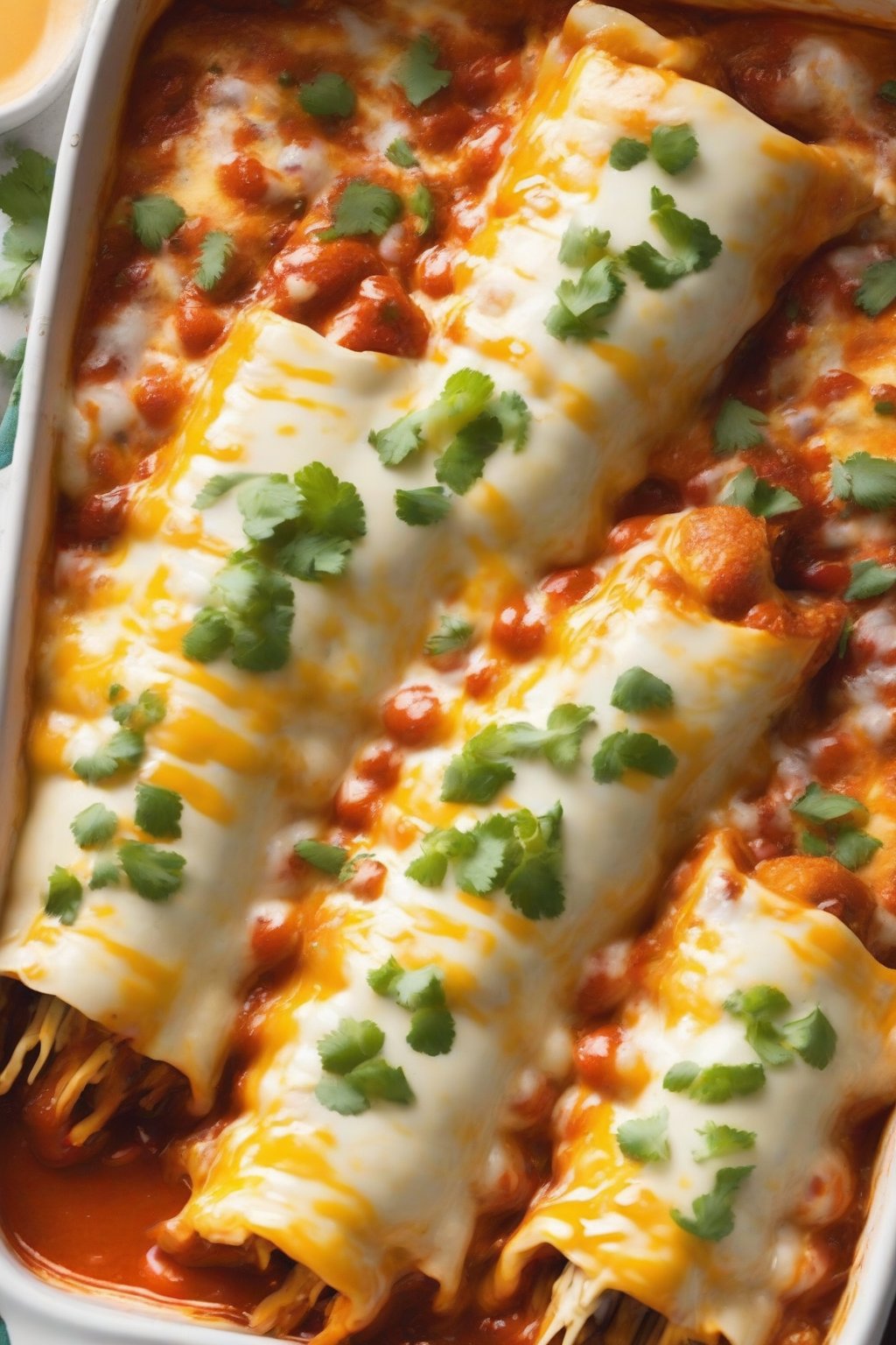 A high-resolution photo of four-cheese cheesy chicken enchiladas with multicolored cheese melt and sauce bubbles, under soft lighting.