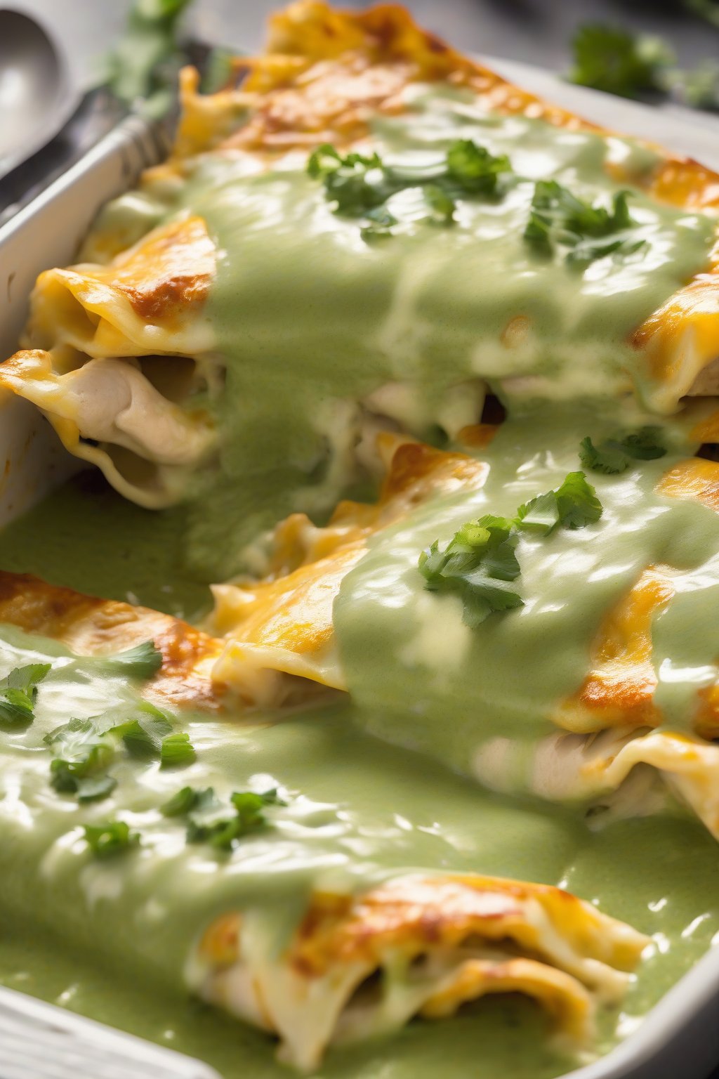 A high-resolution photo of suizas-style cheesy chicken enchiladas in vibrant green sauce with Swiss cheese pull, under soft lighting.
