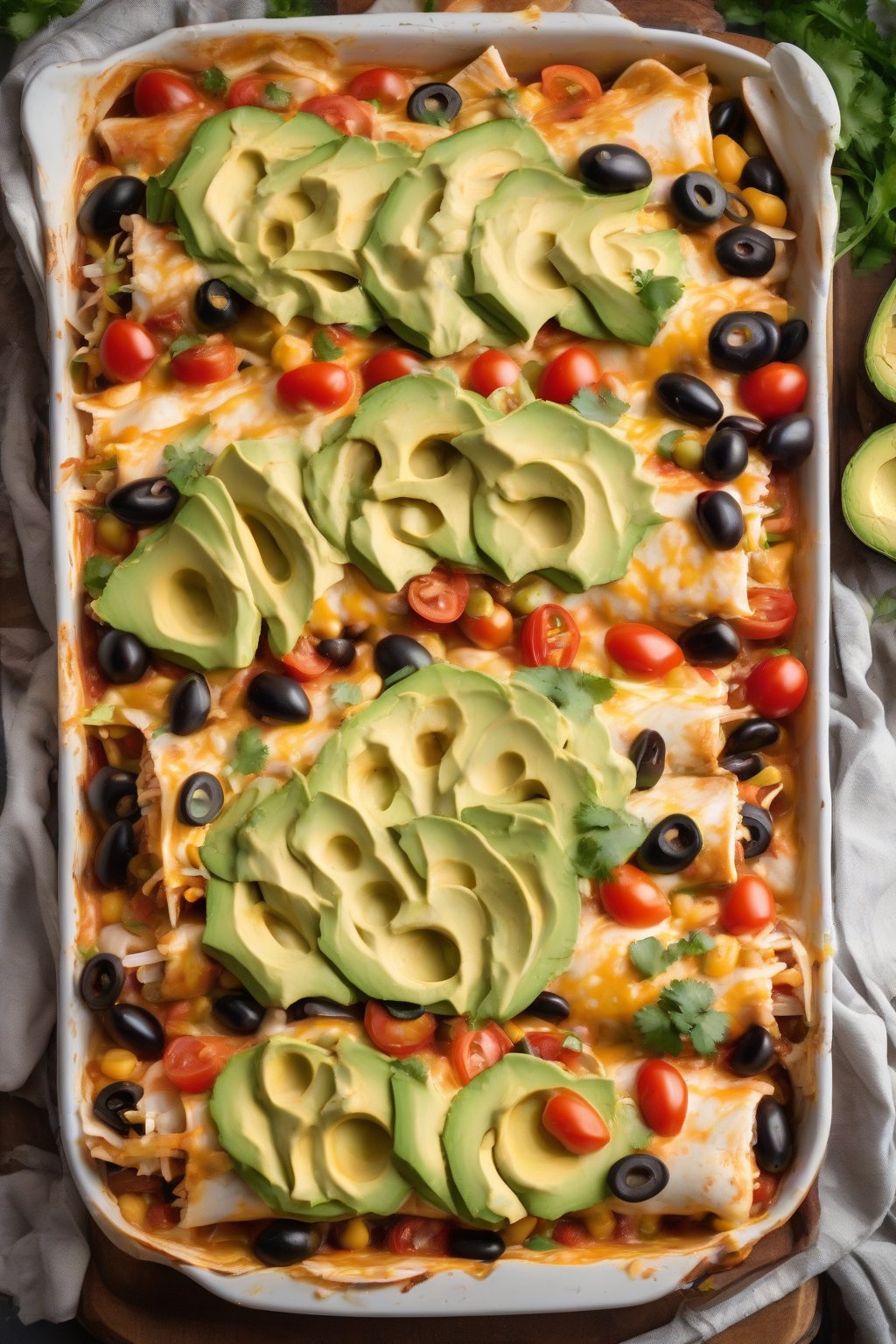 A high-resolution photo of loaded cheesy chicken enchiladas piled with beans, olives, tomatoes, avocado, and extra cheese, under soft lighting.