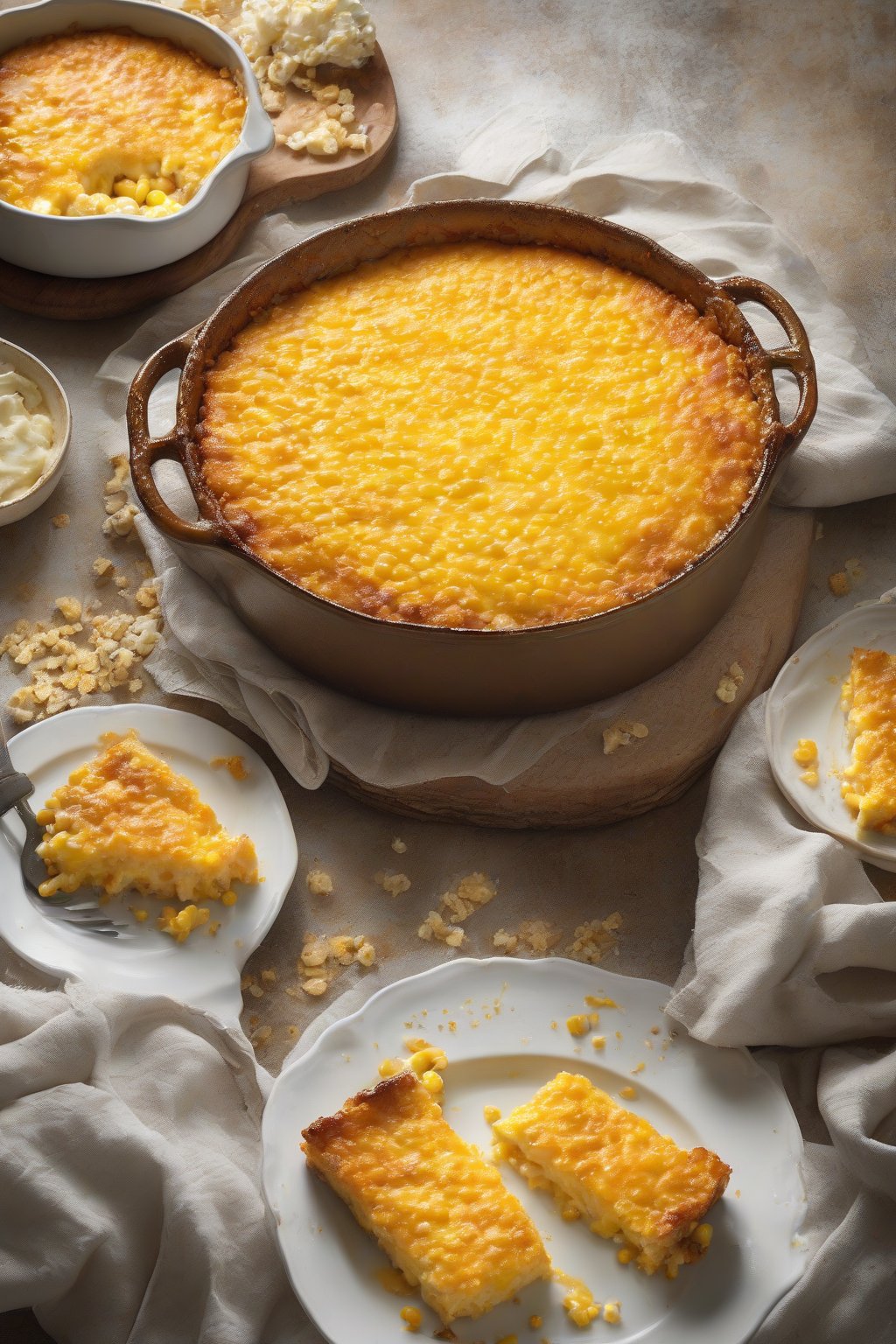 A high-resolution photo of classic cheesy corn casserole fresh from the oven, golden cracker topping bubbling with melted cheese, under soft lighting.