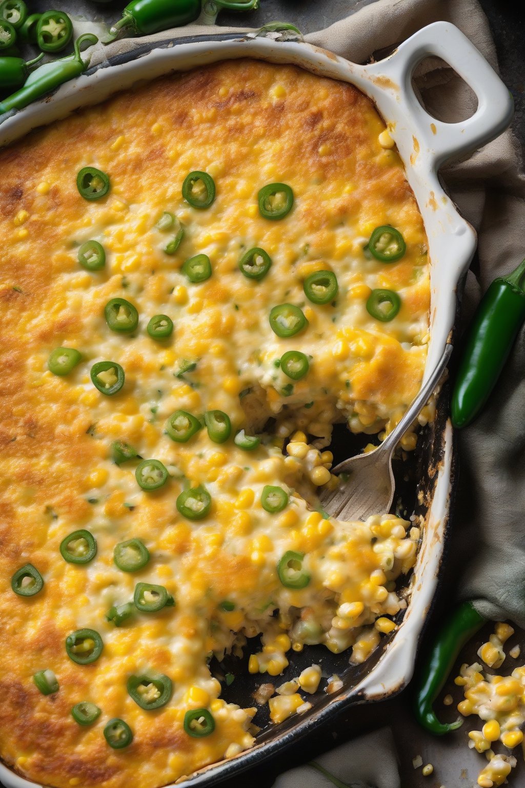 A high-resolution photo of spicy jalapeño cheesy corn casserole, vibrant green flecks amid gooey cheese and corn, under soft lighting.
