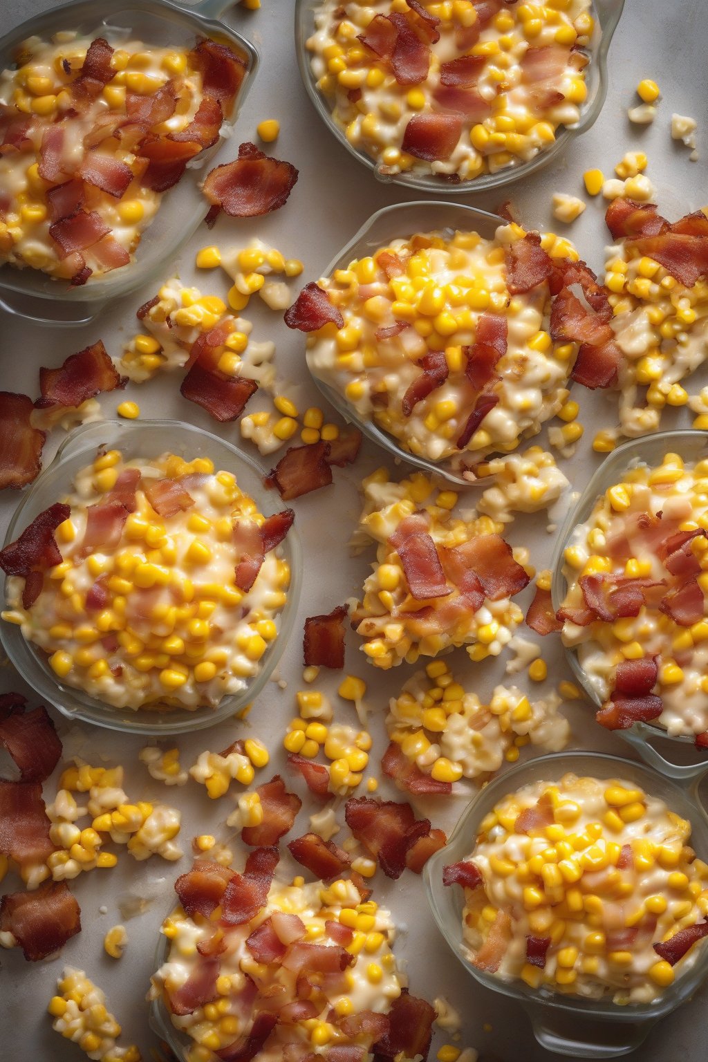 A high-resolution photo of bacon cheesy corn casserole, crispy bacon bits atop melted cheese and sweet corn, under soft lighting.