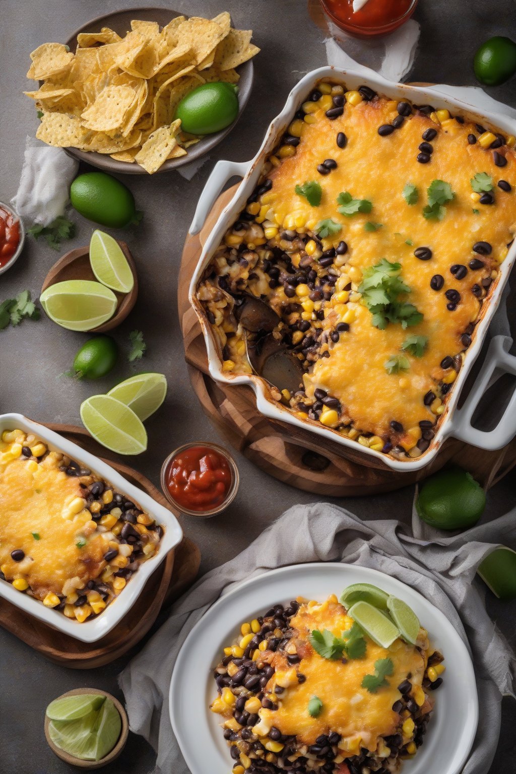 A high-resolution photo of Mexican cheesy corn casserole with black beans and salsa, topped with crumbled chips, under soft lighting.