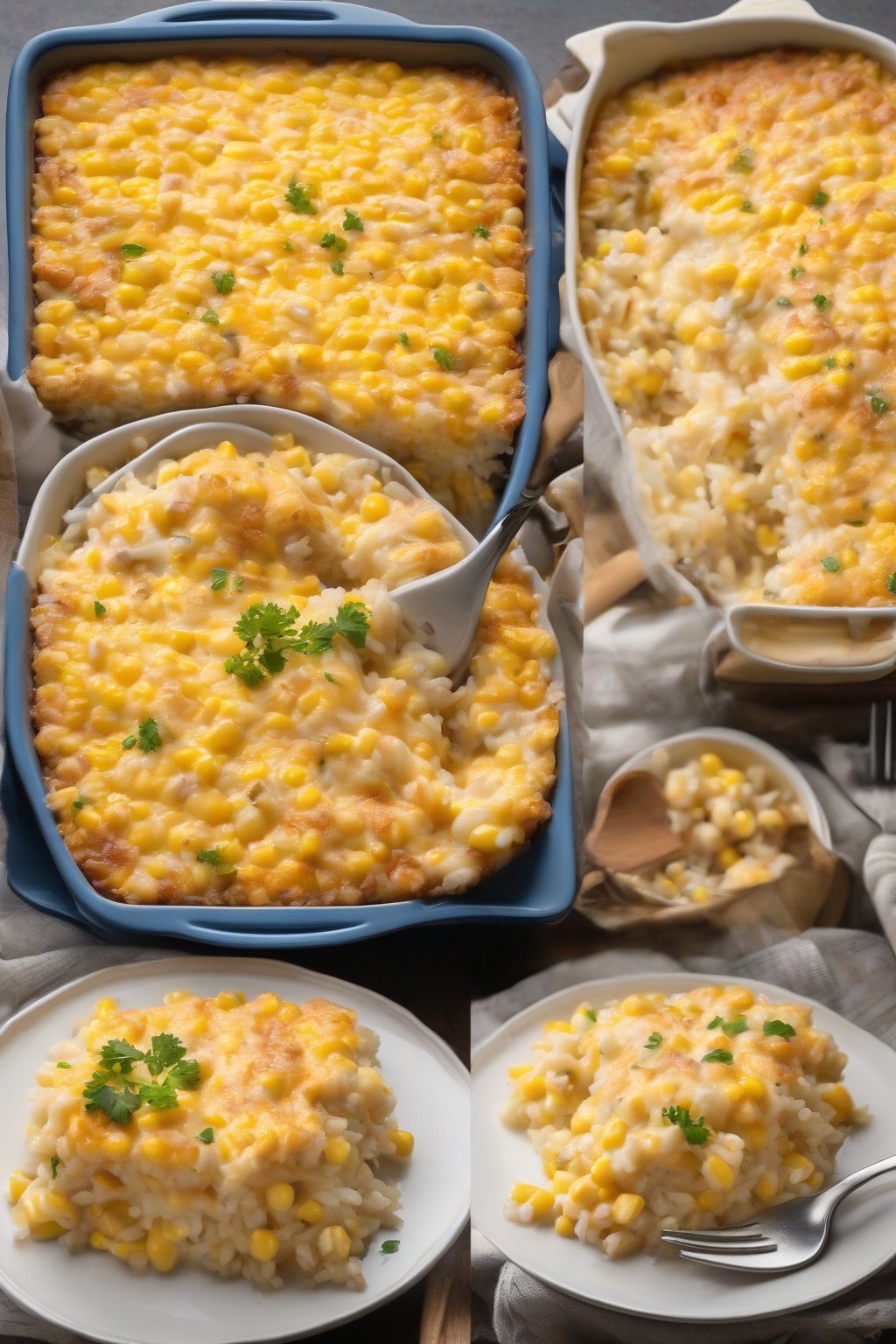 A high-resolution photo of cheesy corn and rice casserole, fluffy rice mixed with corn and stretchy cheese, under soft lighting.