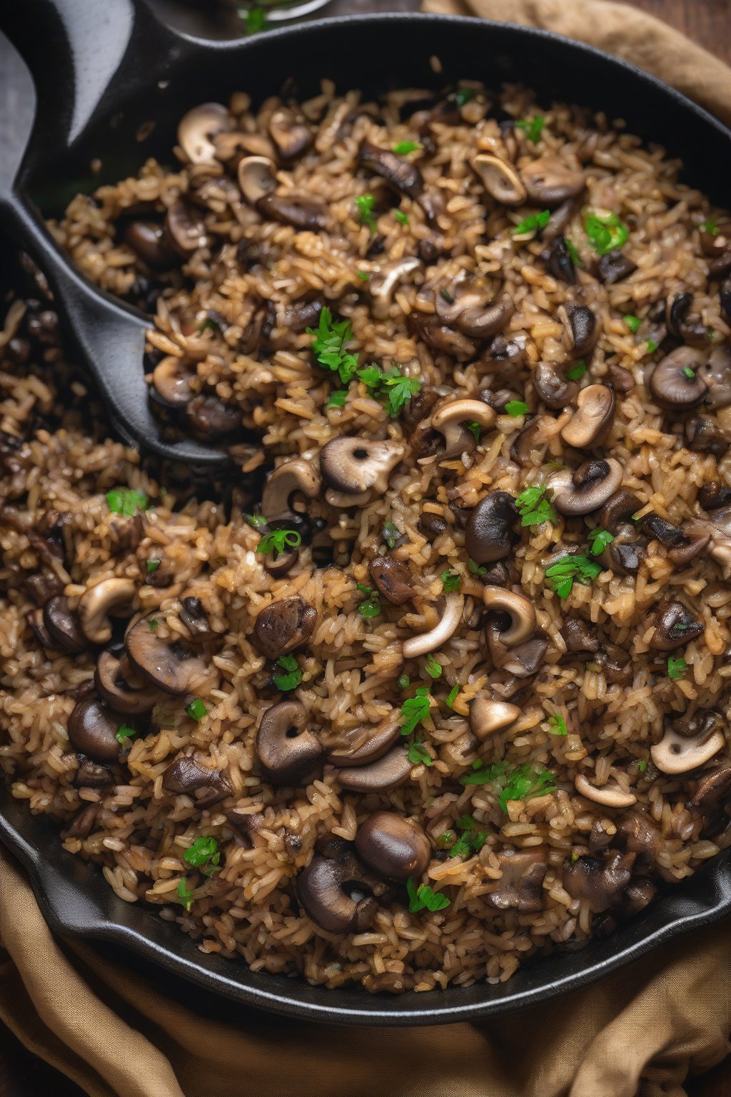 A high-resolution close-up photo of vegetarian mushroom dirty rice with dark, earthy tones and walnut bits, served in a cast-iron skillet under soft lighting.