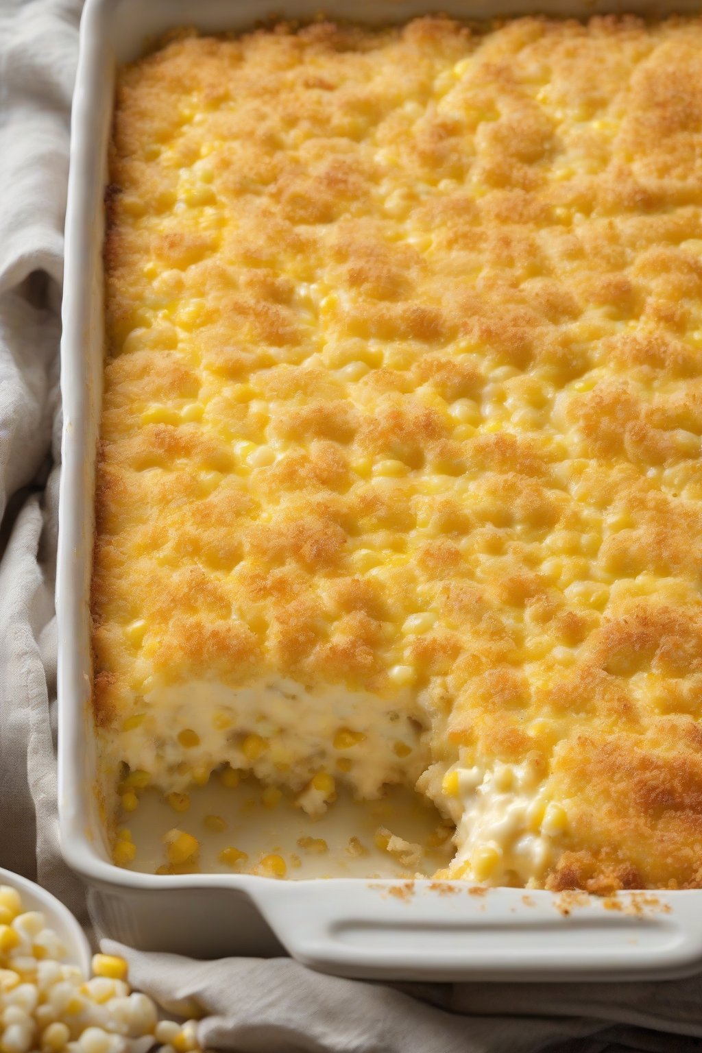 A high-resolution photo of cream cheese cheesy corn casserole, velvety texture with golden panko crust, under soft lighting.