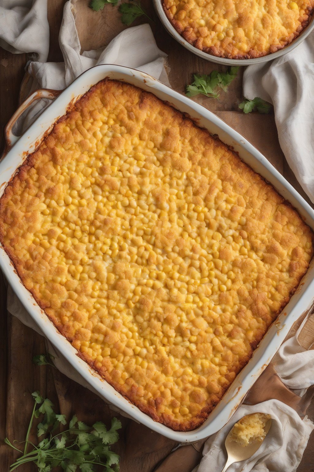 A high-resolution photo of cheesy cornbread casserole, crumbly edges with embedded corn kernels, under soft lighting.