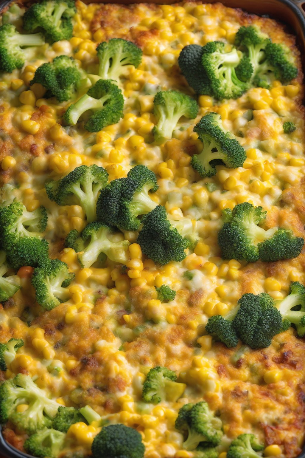 A high-resolution photo of veggie-loaded cheesy corn casserole, colorful broccoli and zucchini in cheesy corn matrix, under soft lighting.