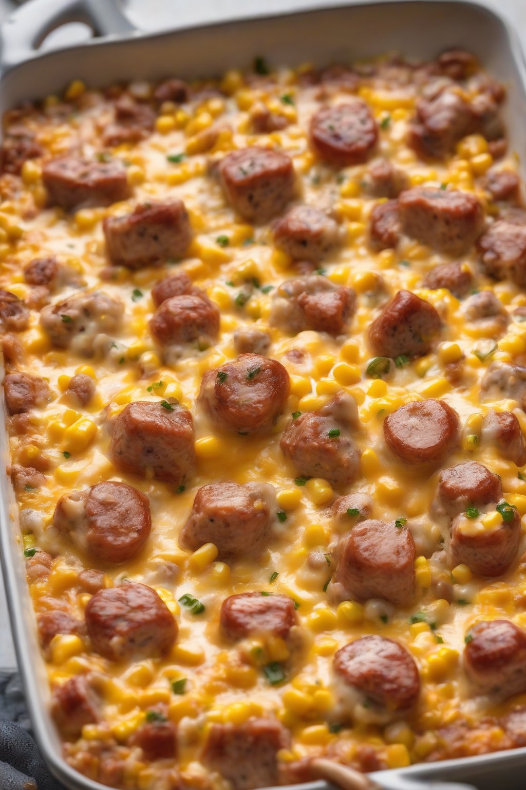 A high-resolution photo of sausage cheesy corn casserole, sausage chunks peeking through bubbly cheese, under soft lighting.