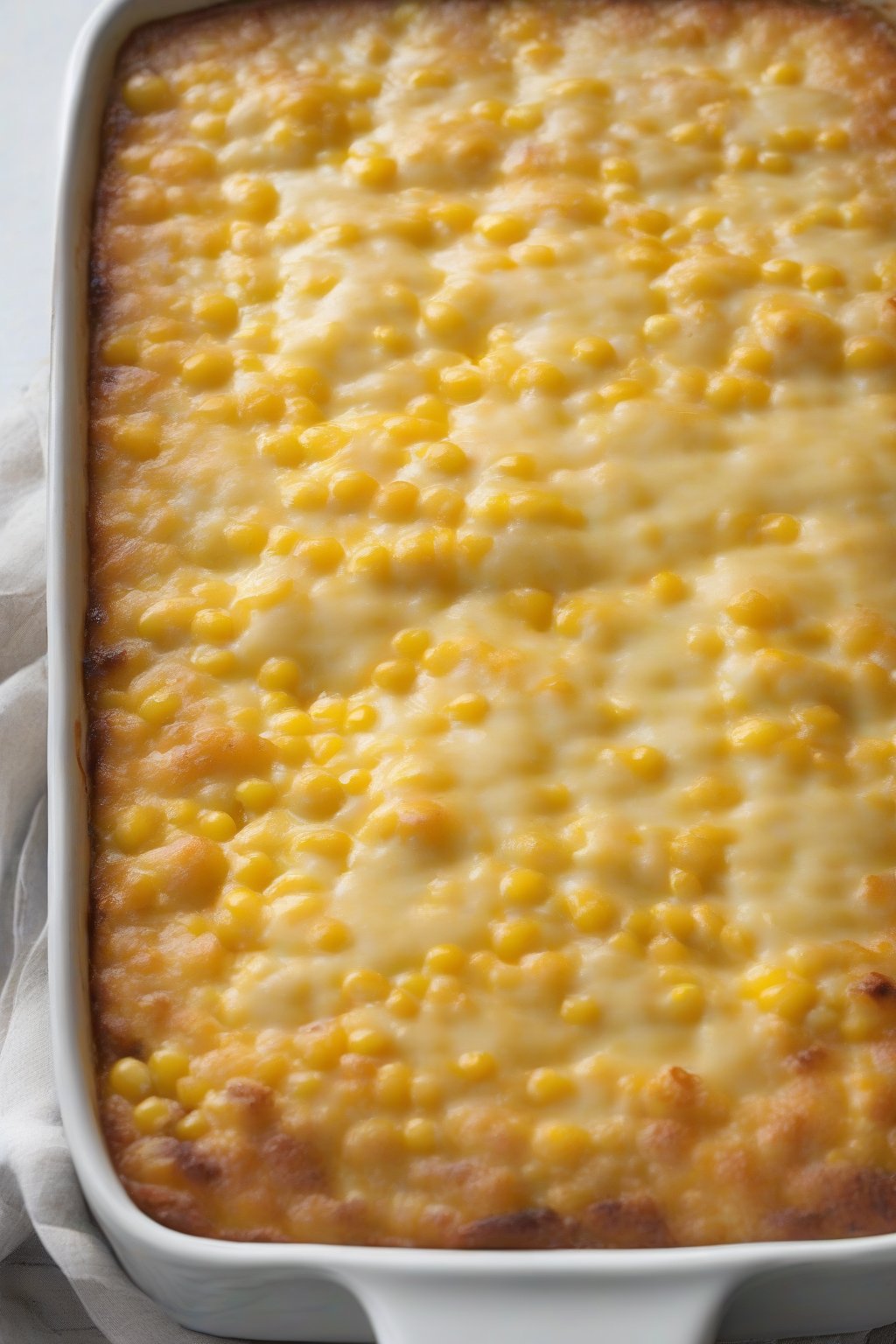 A high-resolution photo of sweet cheesy corn pudding casserole, pudding-like with subtle cheese melt, under soft lighting.