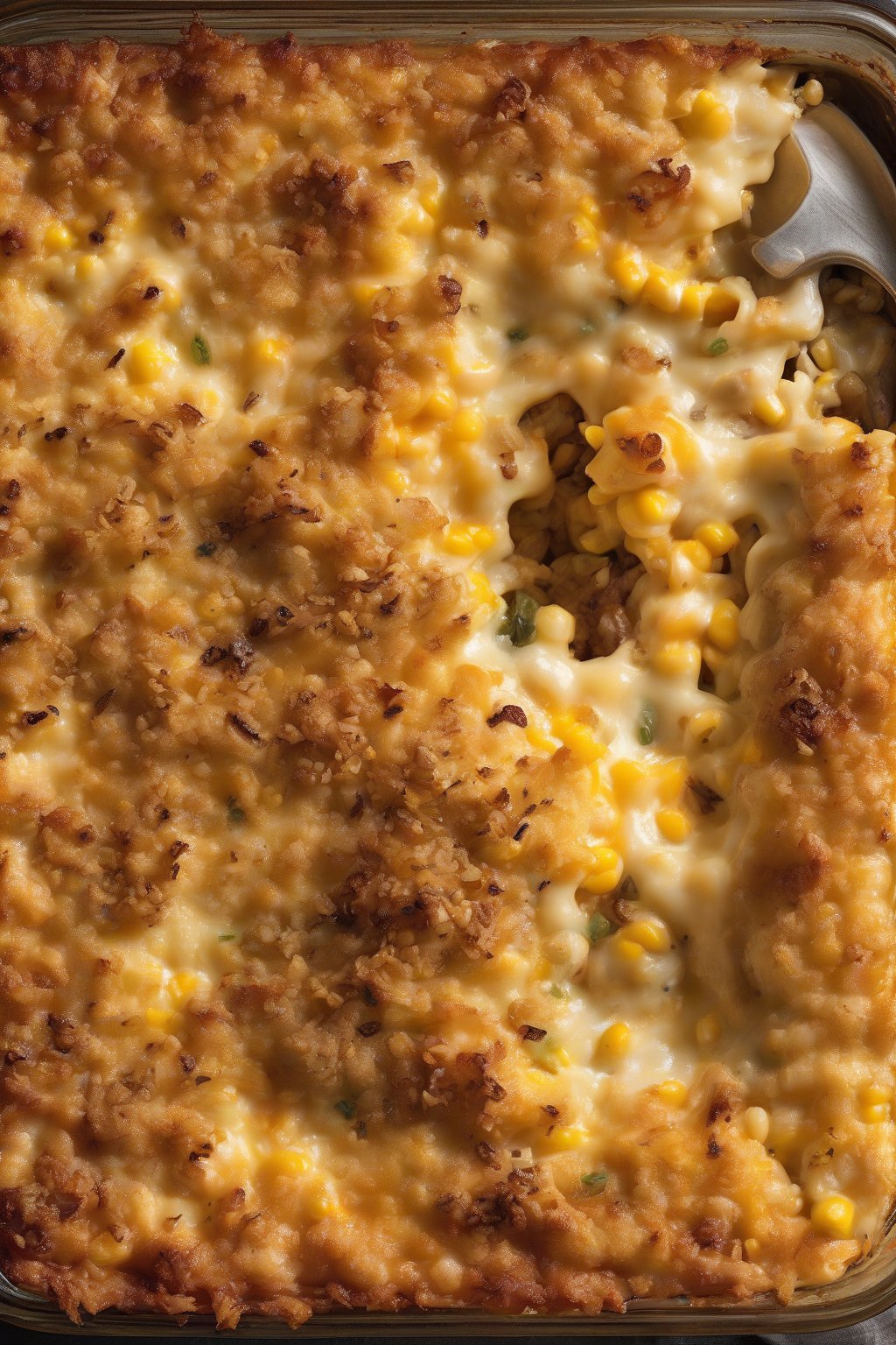 A high-resolution photo of au gratin cheesy corn casserole, layered with caramelized onions and crisp topping, under soft lighting.