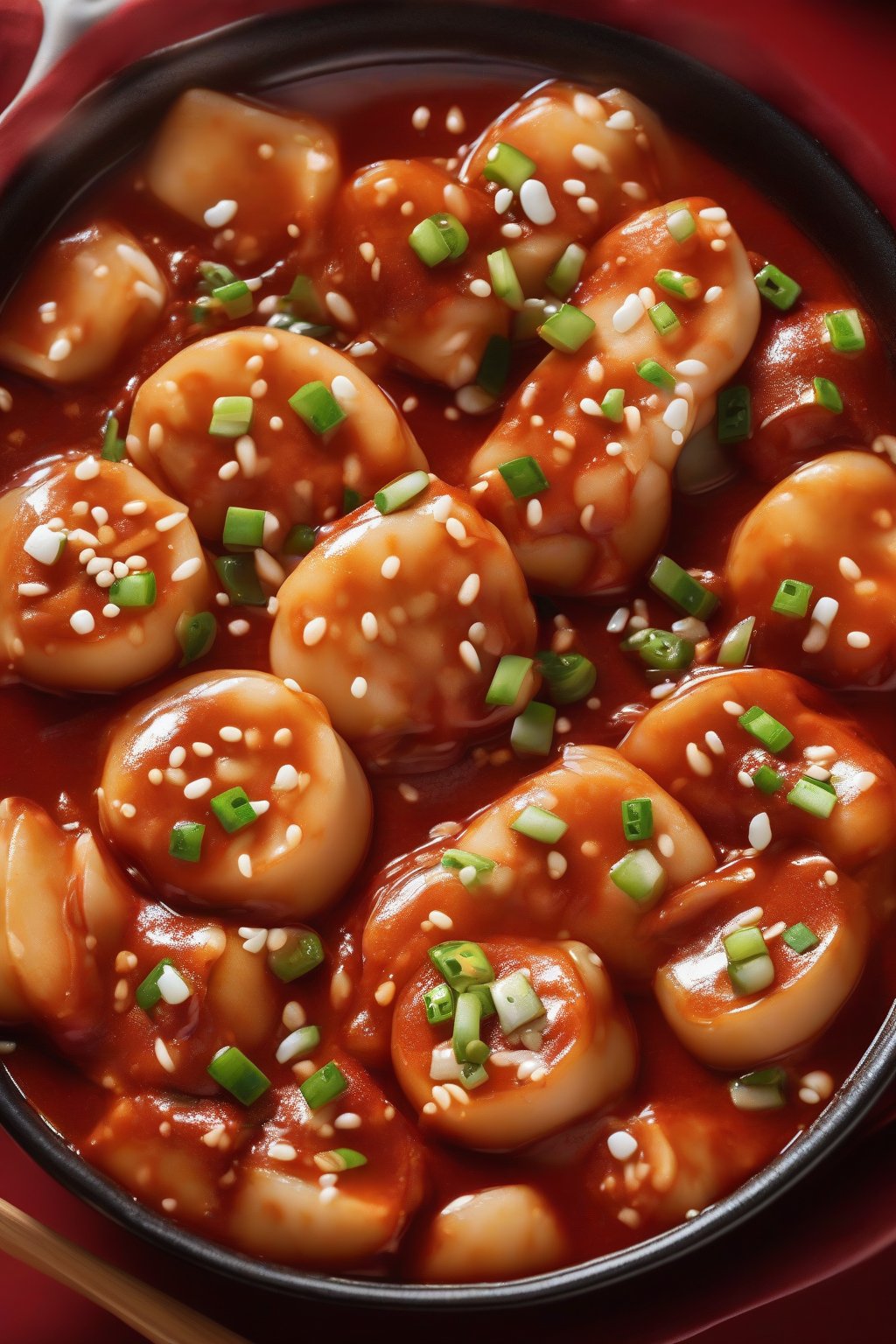 A high-resolution photo of classic spicy chewy tteokbokki in a steaming bowl, glossy red sauce coating bouncy rice cakes, topped with sesame seeds under soft lighting.
