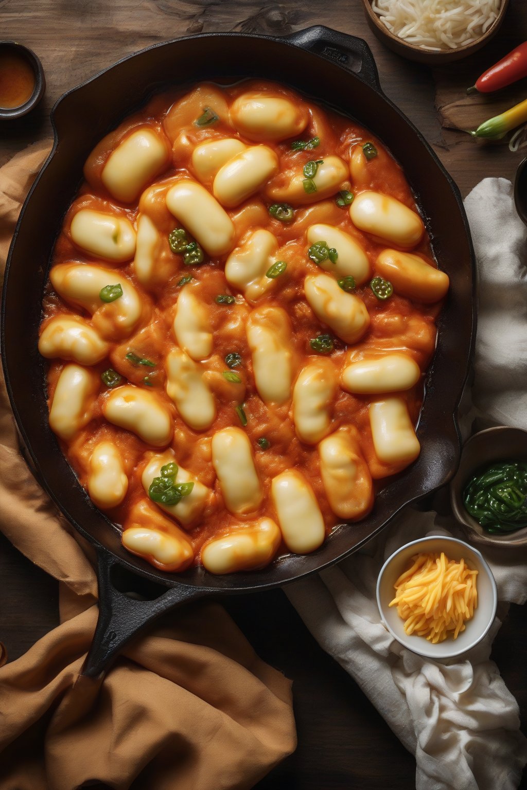 A high-resolution photo of creamy cheese chewy tteokbokki, rice cakes emerging from melted golden cheese in a cast-iron skillet under soft lighting.