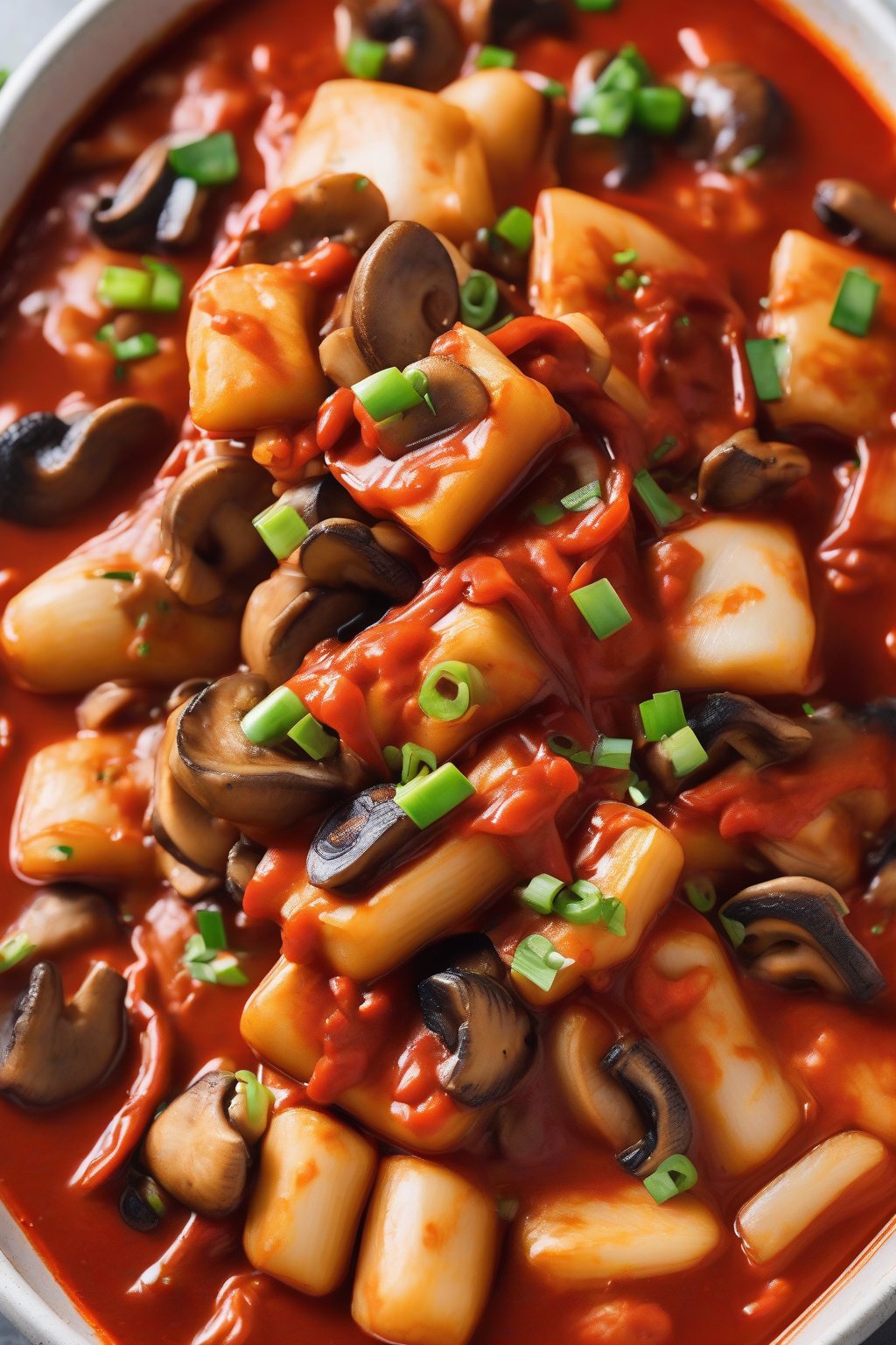 A high-resolution photo of vegan chewy tteokbokki with plump mushrooms in a vibrant red sauce, garnished with scallions under soft lighting.