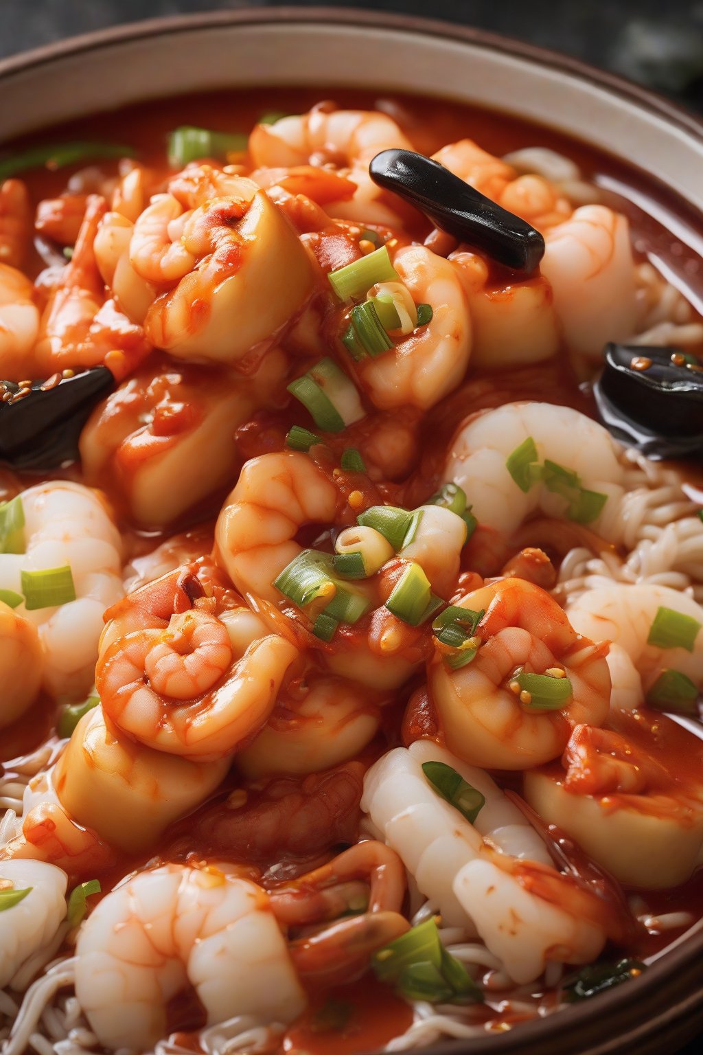 A high-resolution photo of seafood chewy tteokbokki featuring shrimp and squid tubes nestled among rice cakes in spicy sauce under soft lighting.