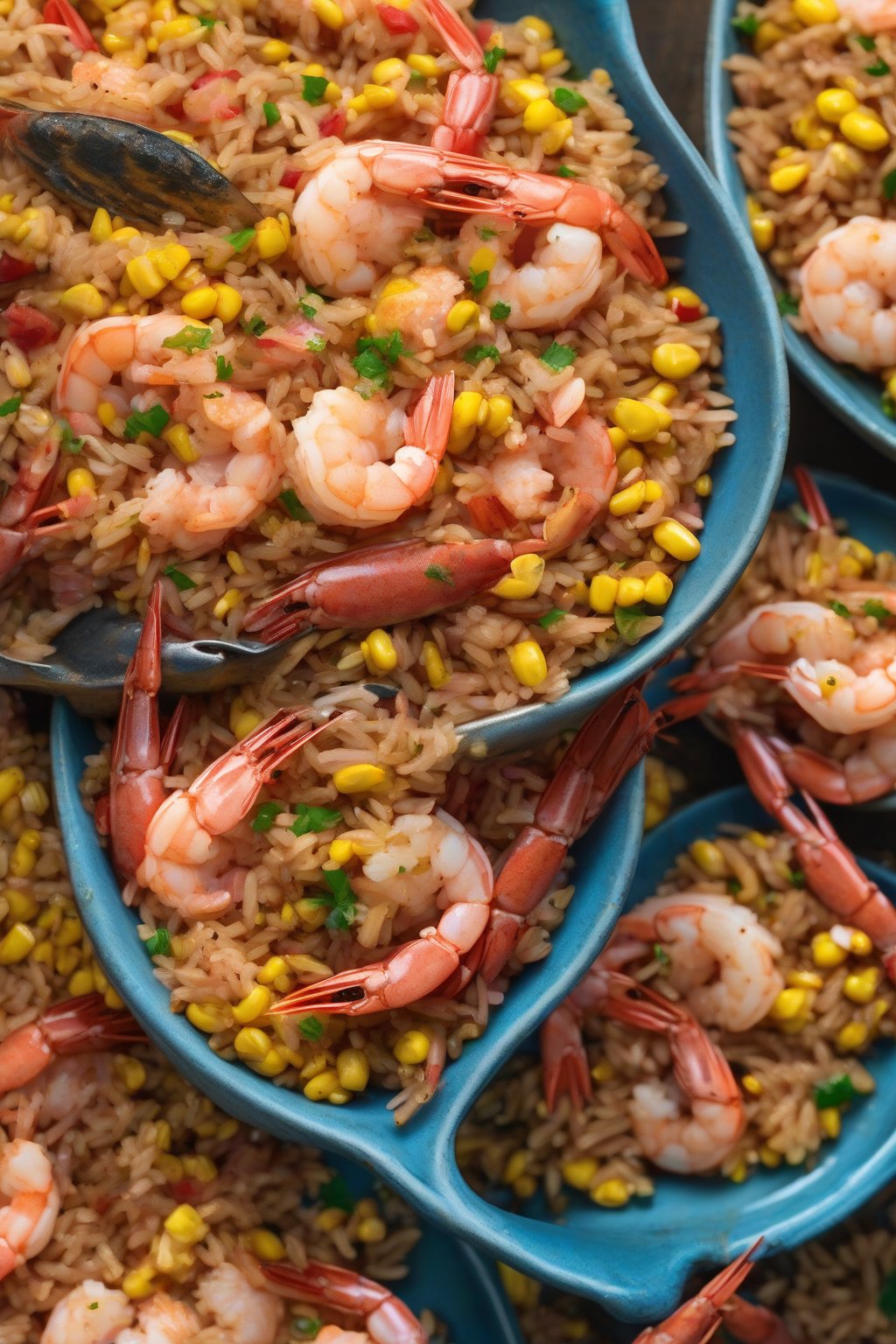 A high-resolution close-up photo of shrimp and crawfish dirty rice brimming with pink seafood and golden corn, in a coastal-blue bowl under soft lighting.