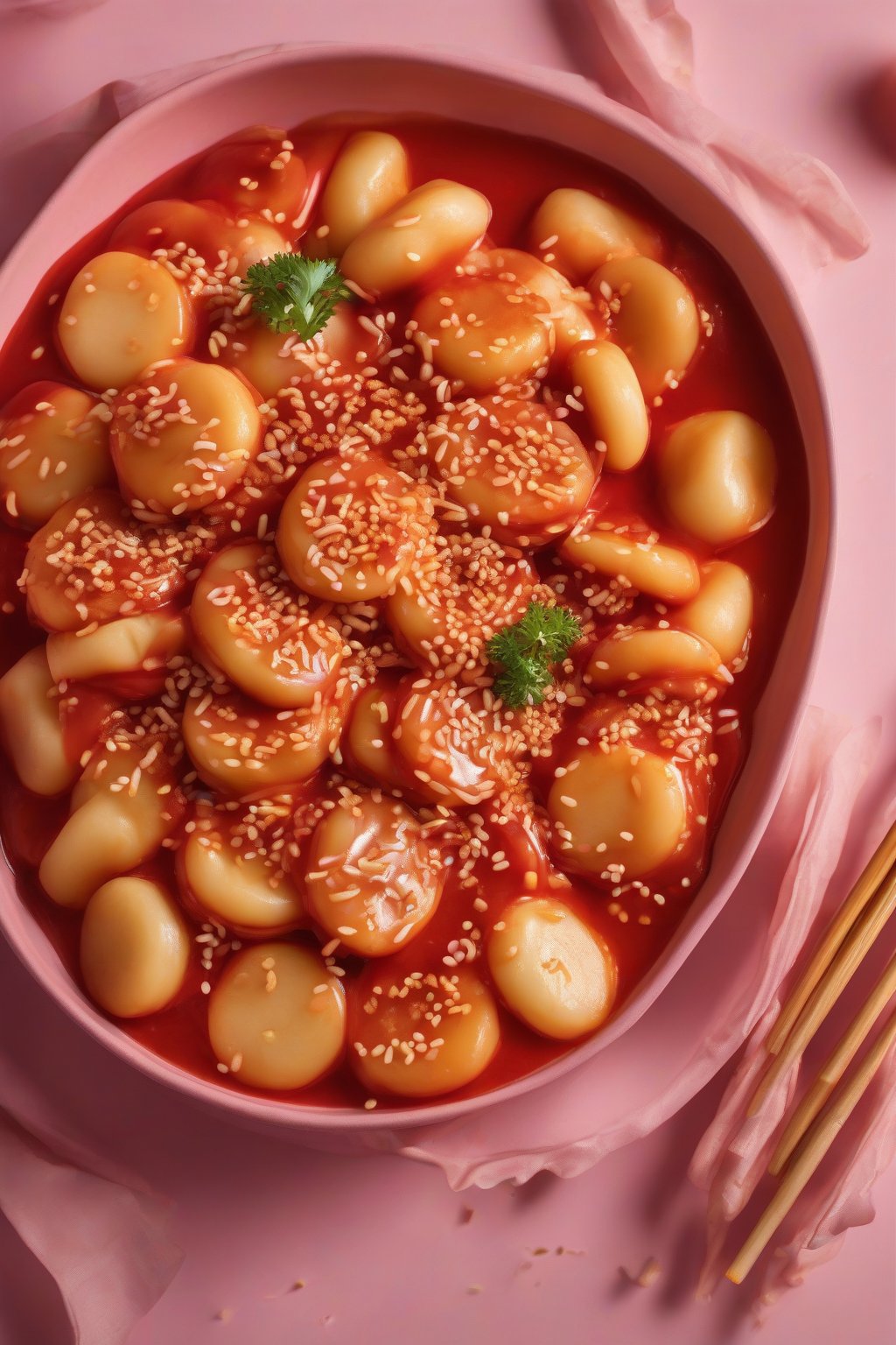 A high-resolution photo of rose tteokbokki with vibrant pink sauce coating chewy rice cakes, dotted with sesame seeds under soft lighting.