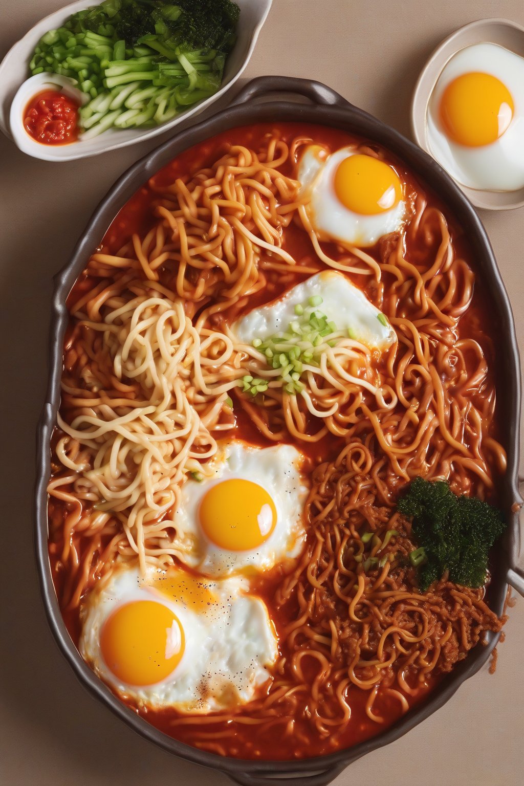 A high-resolution photo of rabokki with intertwined chewy tteok and ramen noodles in thick red sauce, topped with a fried egg under soft lighting.