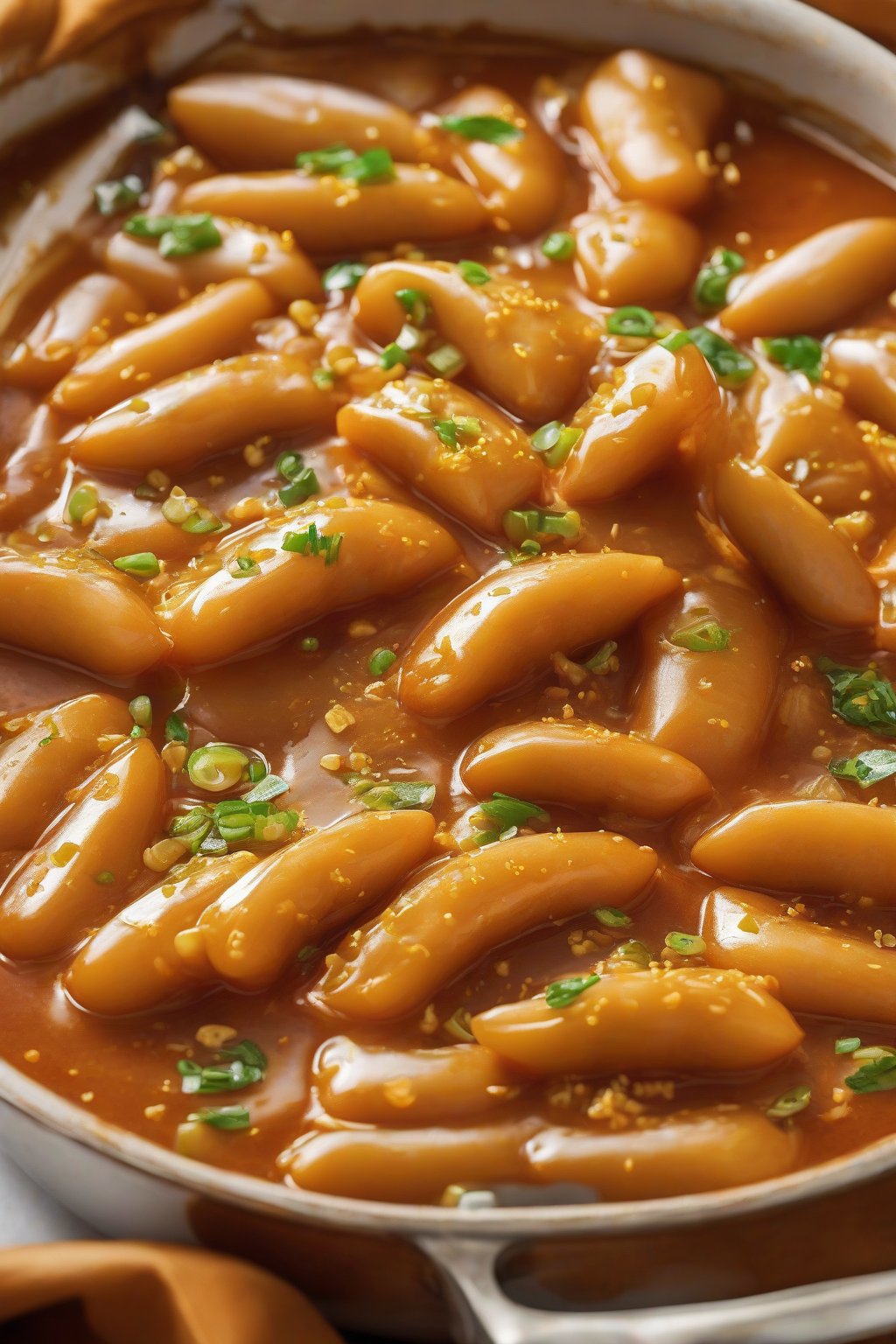 A high-resolution photo of garlic butter chewy tteokbokki glistening with golden sauce and minced garlic bits under soft lighting.