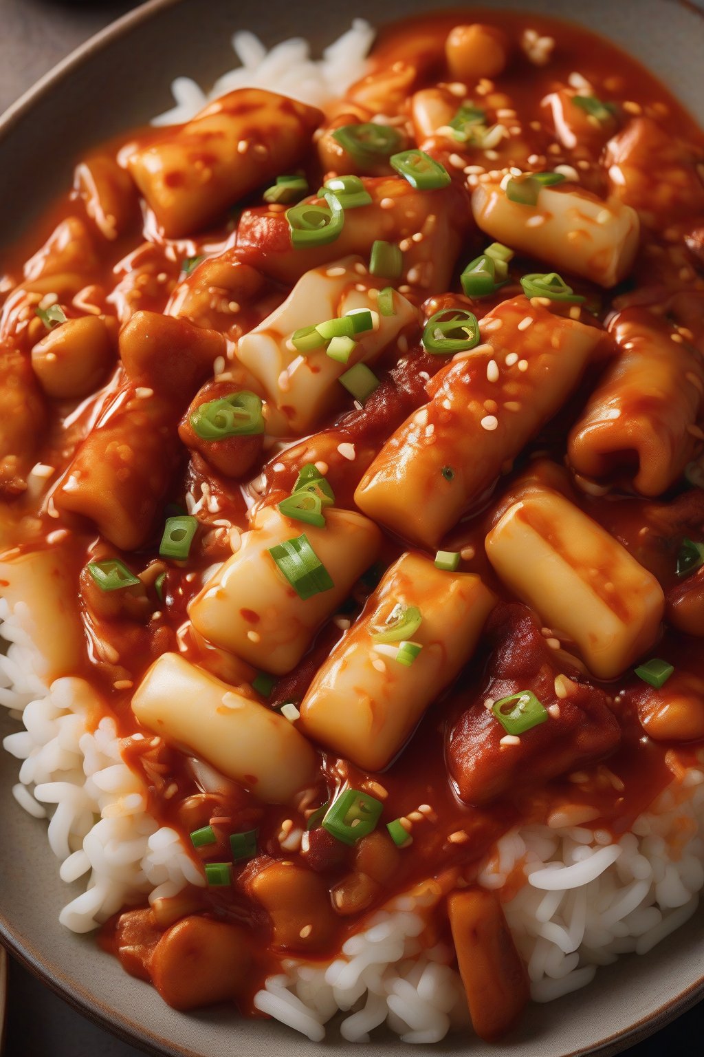 A high-resolution photo of kimchi chewy tteokbokki with chunks of fermented cabbage amid rice cakes in spicy sauce under soft lighting.